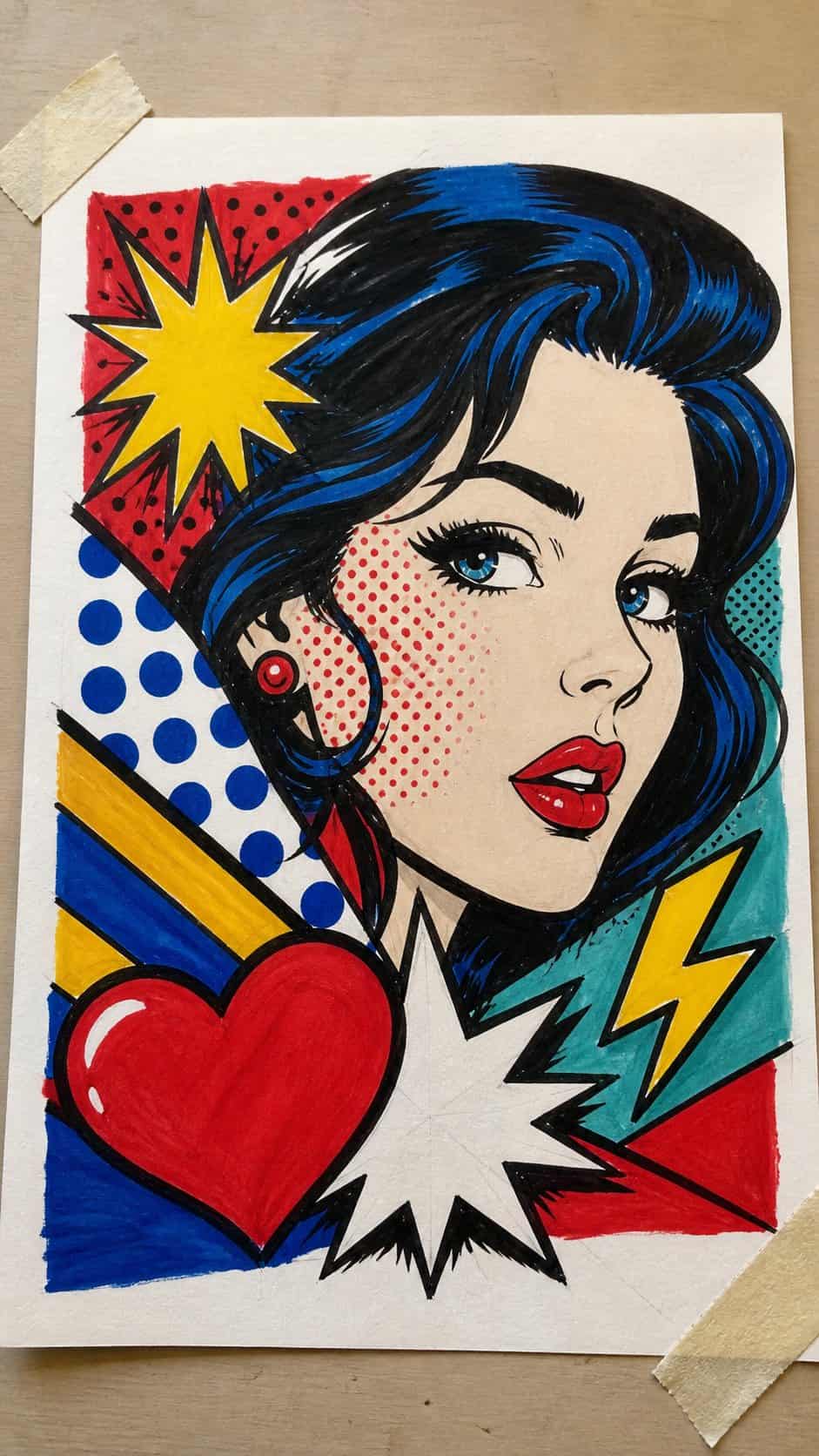 Hand-drawn pop art tribute in marker drawing on textured paper, shown in a gentle oblique desk view that shows paper tooth and shallow — study 2