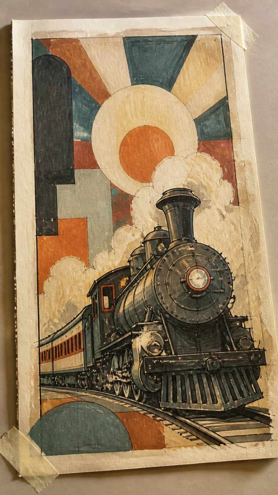 Hand-drawn vintage posters in marker drawing on textured paper, shown in a gentle oblique desk view that shows paper tooth and shallow — study 3