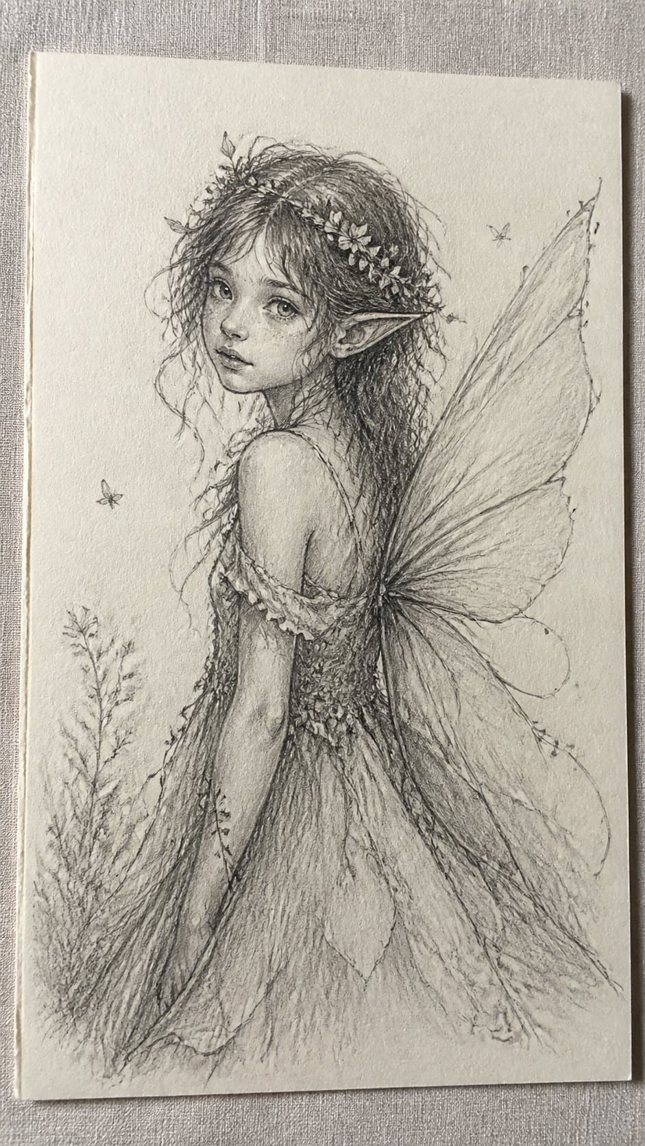 20 Girl Drawing Concepts to Elevate Your Art Game 2 Hand-drawn whimsical fairy girl in graphite drawing on textured paper, shown in a close overhead crop — study 1