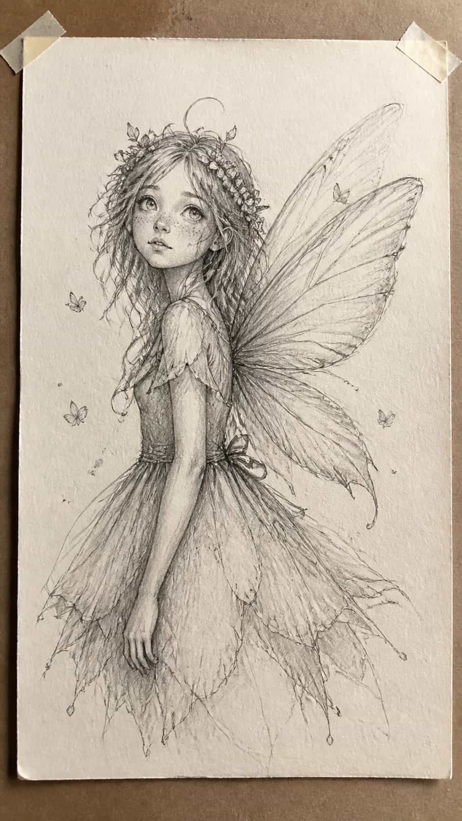 20 Girl Drawing Concepts to Elevate Your Art Game 4 Hand-drawn whimsical fairy girl in graphite drawing on textured paper, shown in a straight overhead view — study 3