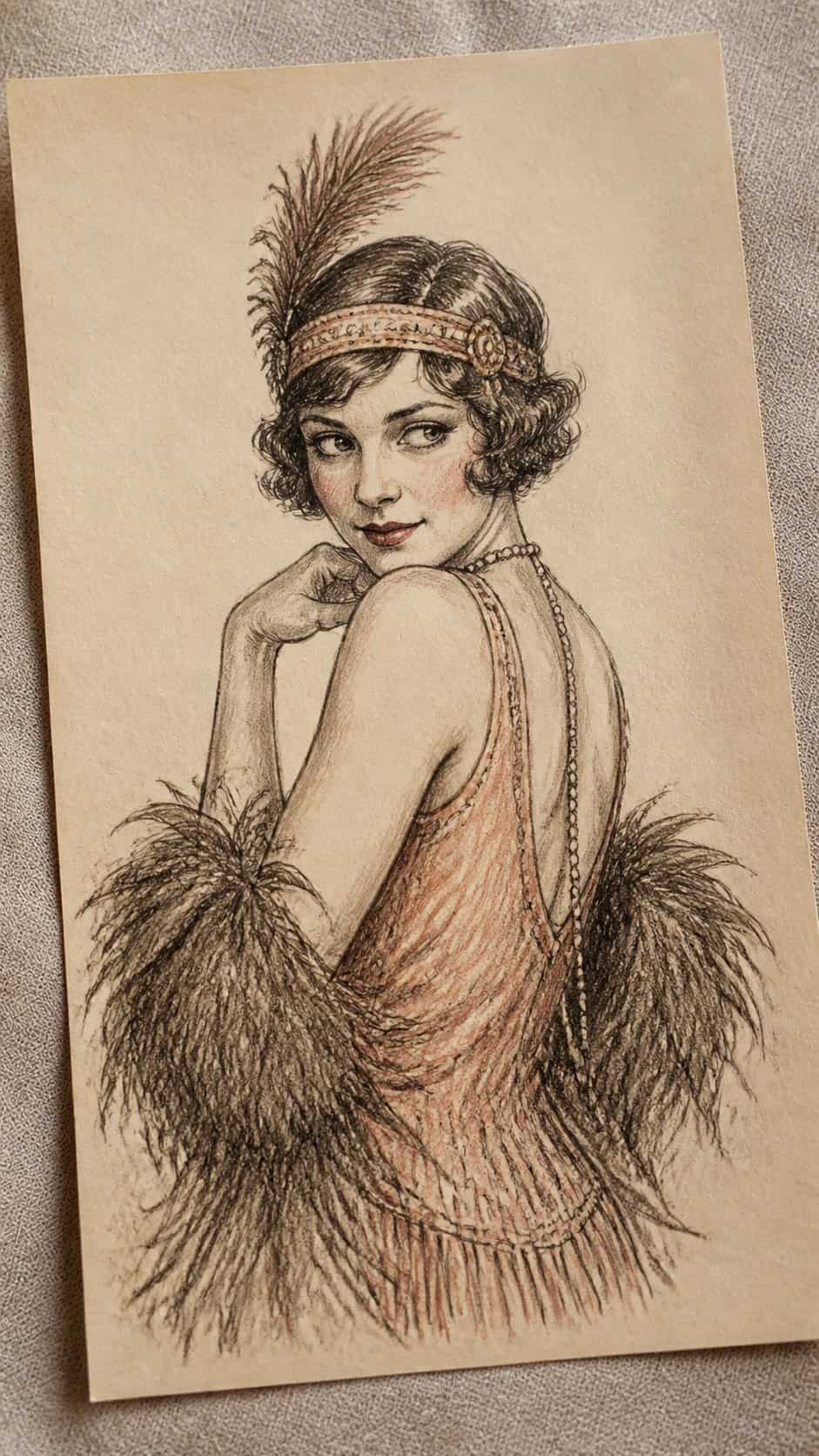20 Girl Drawing Concepts to Elevate Your Art Game 14 Hand-drawn vintage flapper girl in sepia ink drawing on textured paper, shown in a slightly off-center overhead composition, like an — study 1