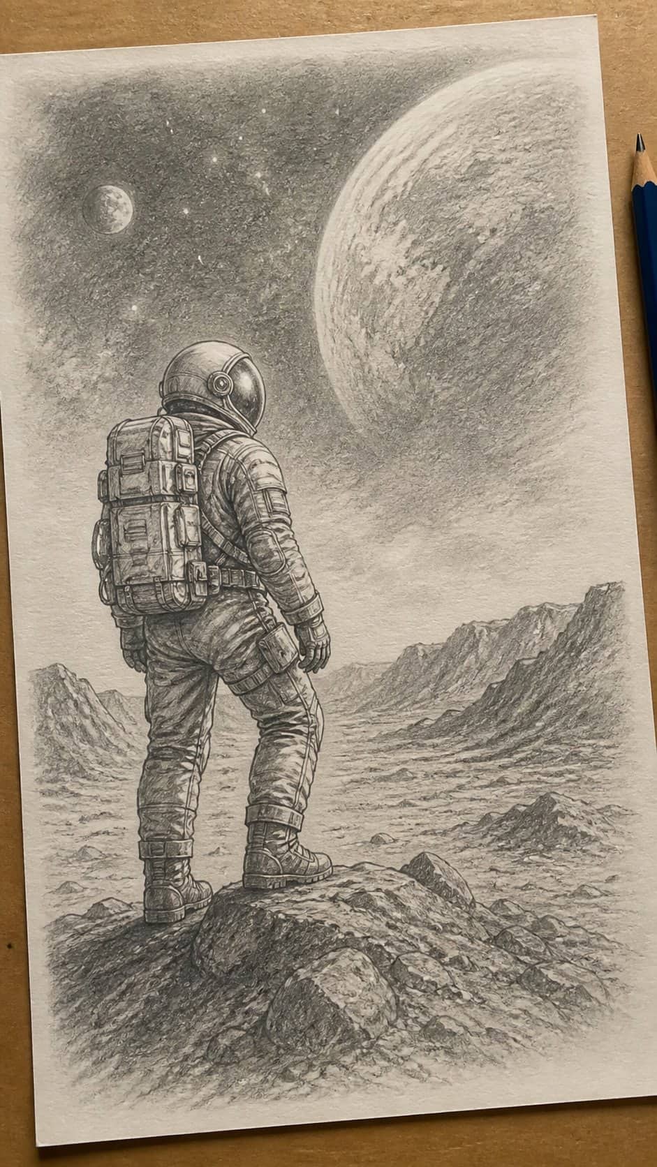 20 Girl Drawing Concepts to Elevate Your Art Game 17 Hand-drawn astronaut explorer in graphite drawing on textured paper, shown in a slightly off-center overhead composition, like an — study 2