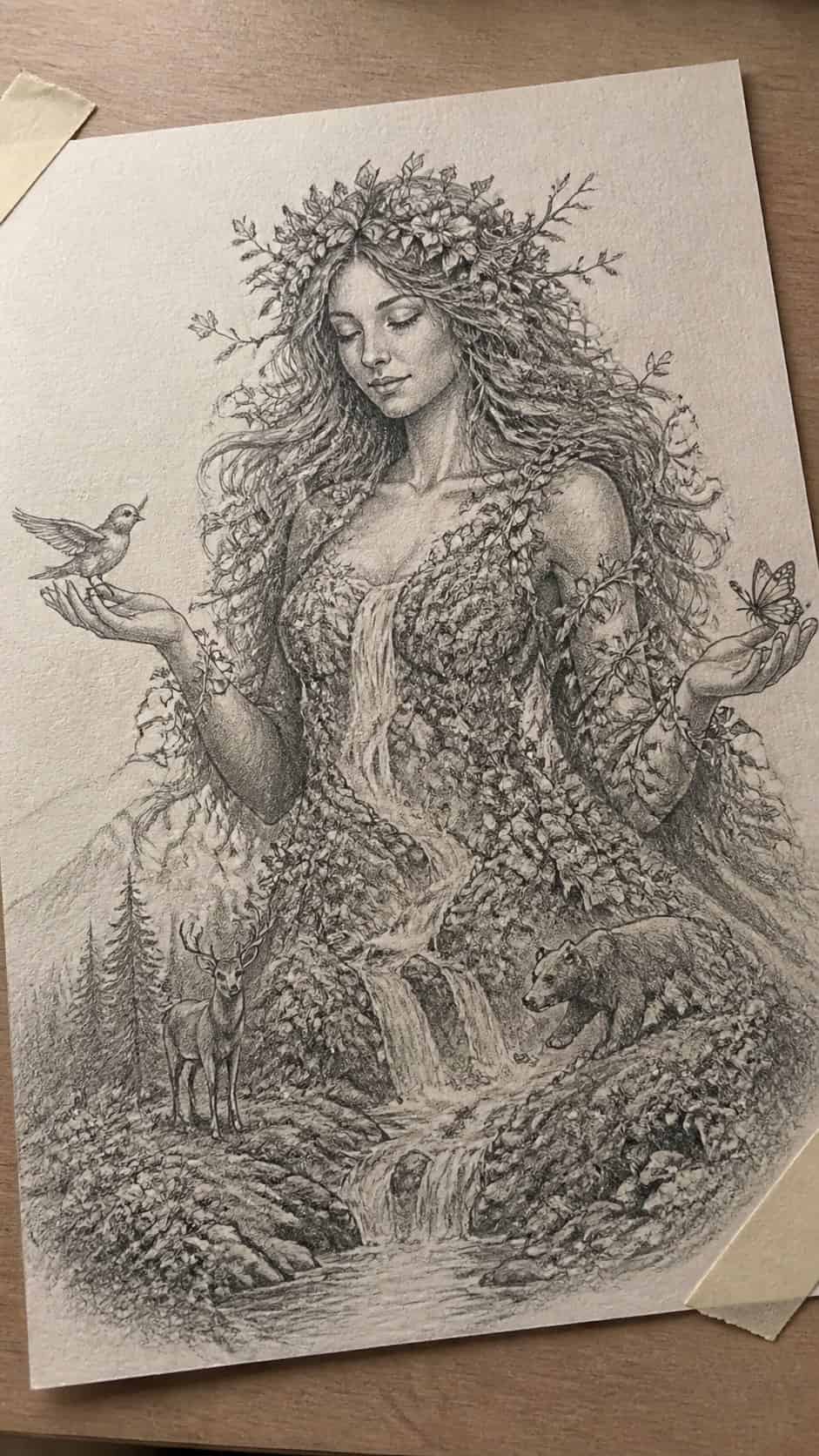 20 Girl Drawing Concepts to Elevate Your Art Game 18 Hand-drawn nature goddess in graphite drawing on textured paper, shown in a gentle oblique desk view that shows paper tooth and — study 1