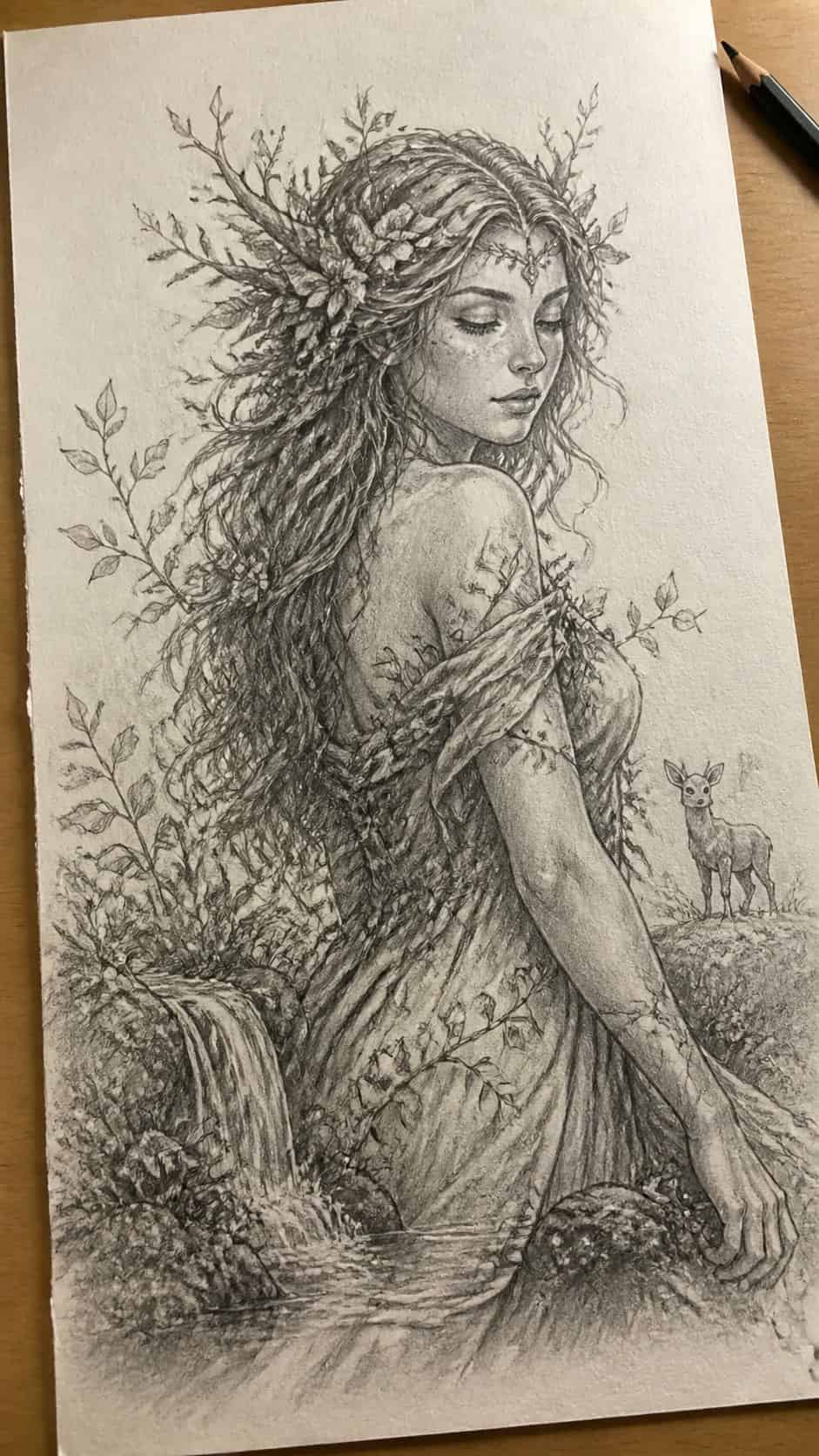 20 Girl Drawing Concepts to Elevate Your Art Game 19 Hand-drawn nature goddess in graphite drawing on textured paper, shown in a close overhead crop — study 2