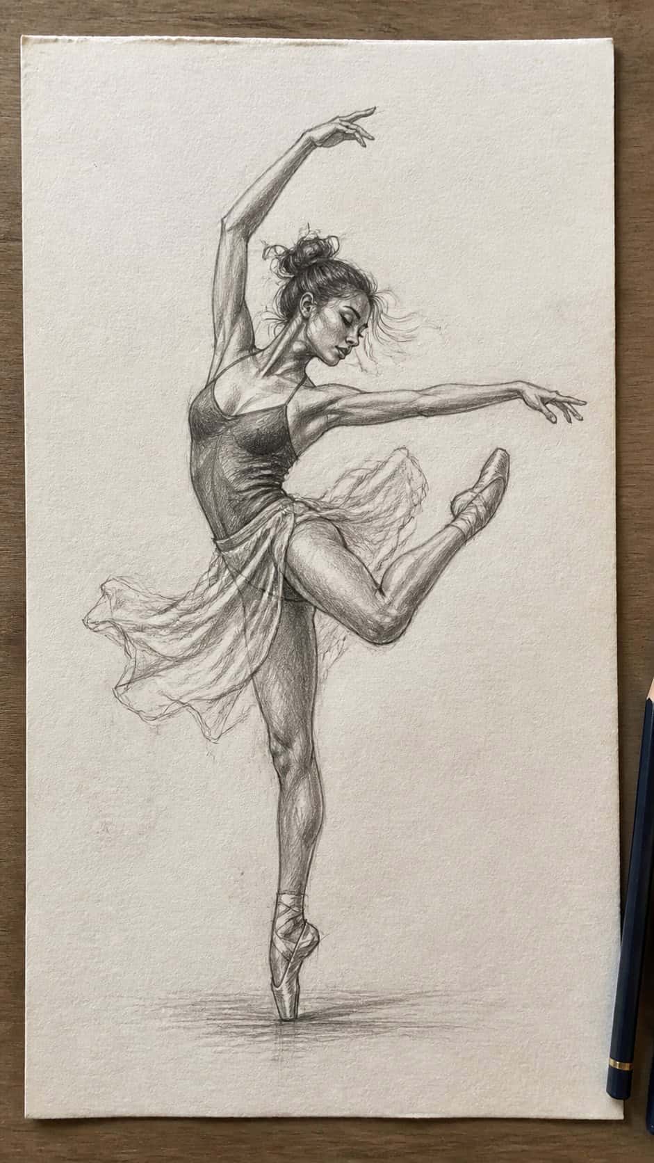 Hand-drawn dynamic dancing pose in graphite drawing on textured paper, shown in a straight overhead view — study 2