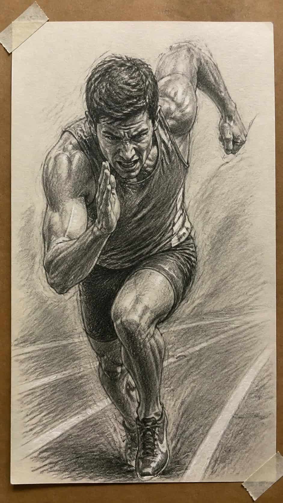 Hand-drawn athlete in action in graphite drawing on textured paper, shown in a close overhead crop — study 1
