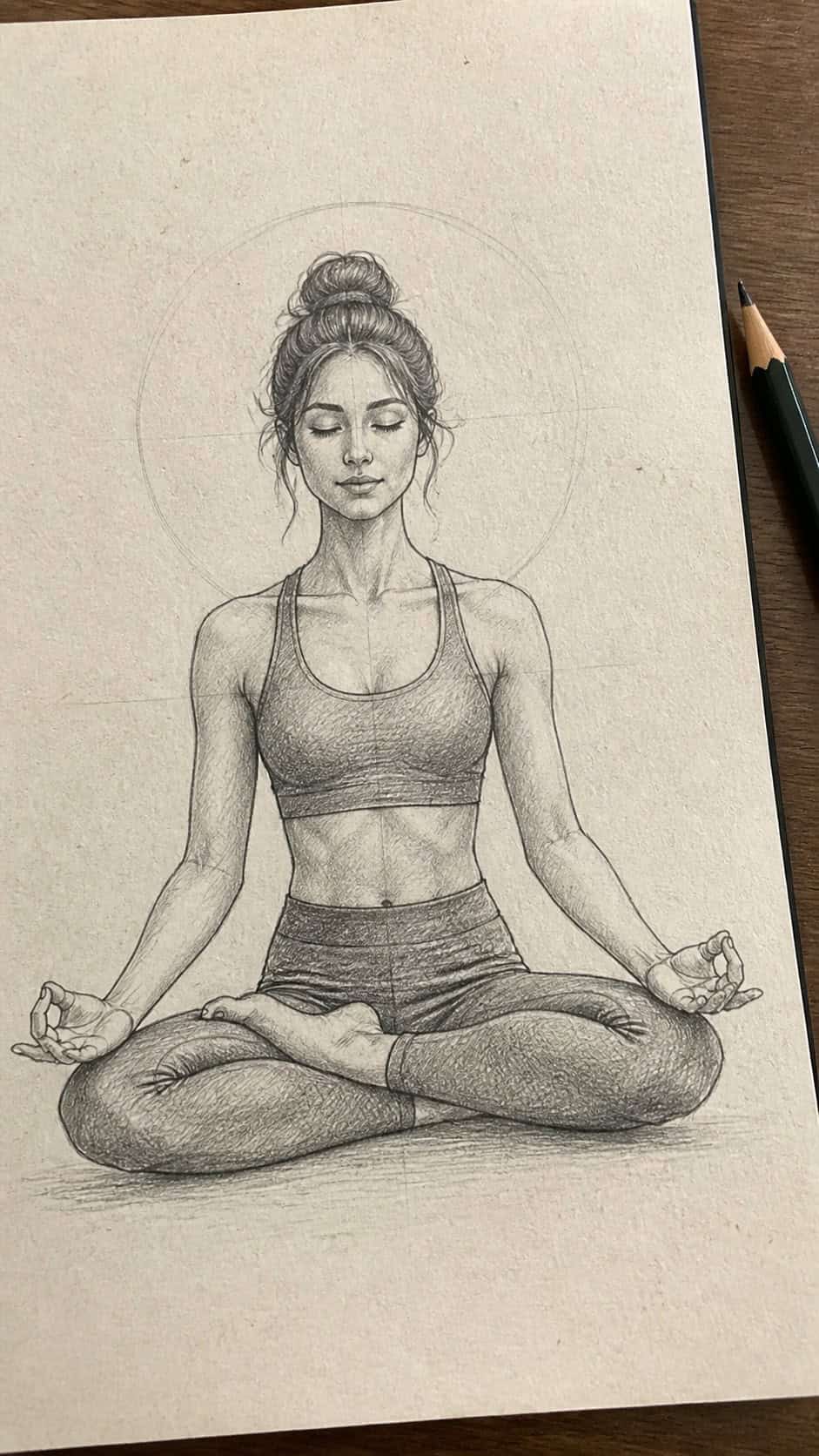Hand-drawn serene yoga pose in graphite drawing on textured paper, shown in a close overhead crop — study 1