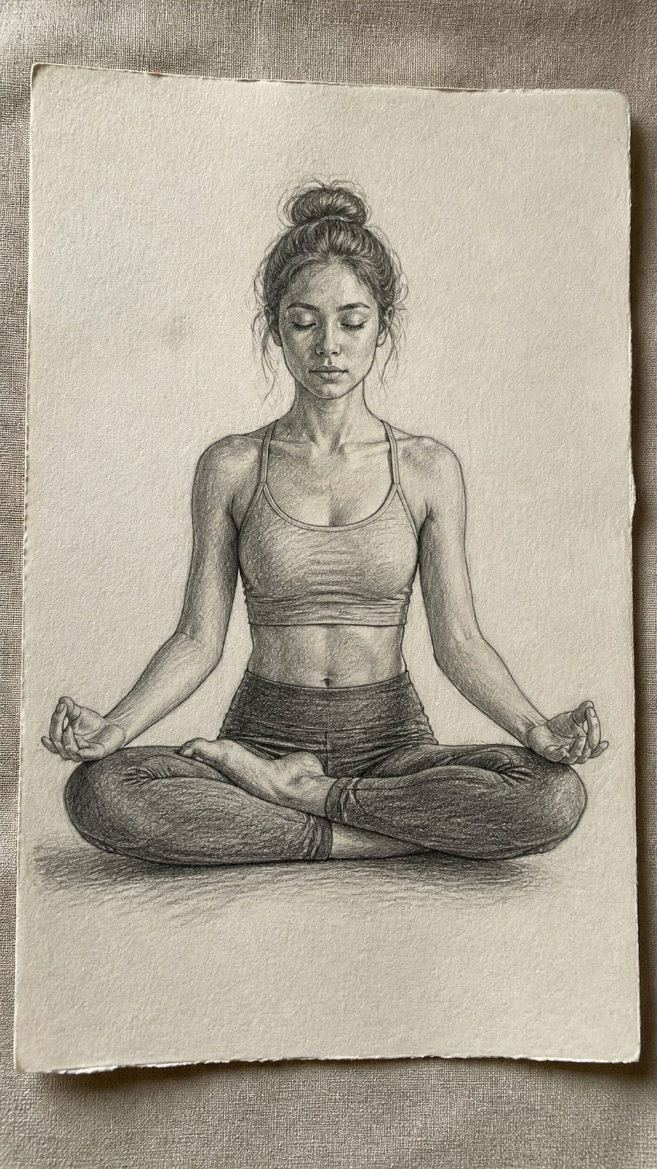 Hand-drawn serene yoga pose in graphite drawing on textured paper, shown in a slightly off-center overhead composition, like an artist — study 2
