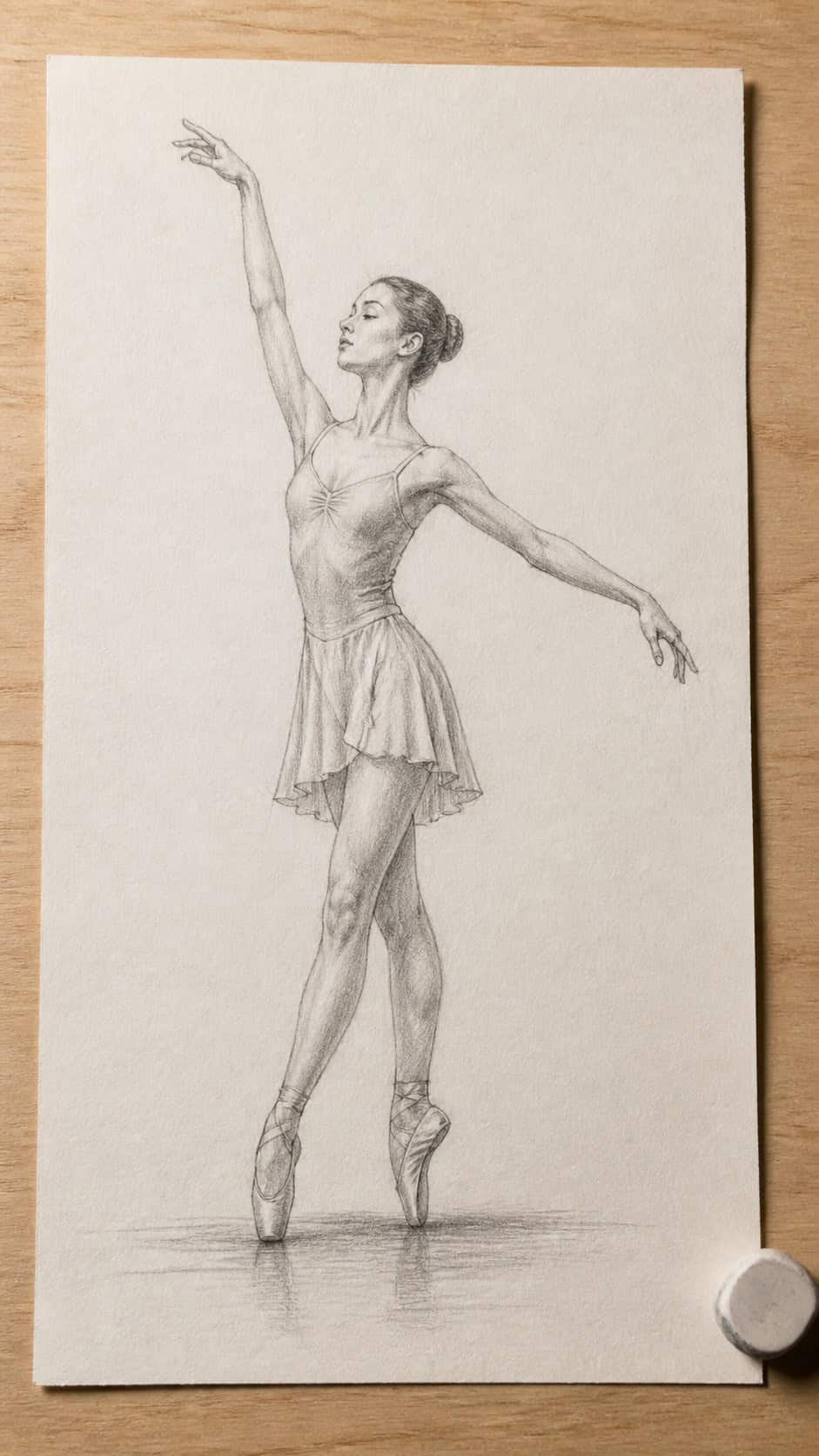 Hand-drawn elegant ballet stance in graphite drawing on textured paper, shown in a slightly off-center overhead composition, like an — study 1