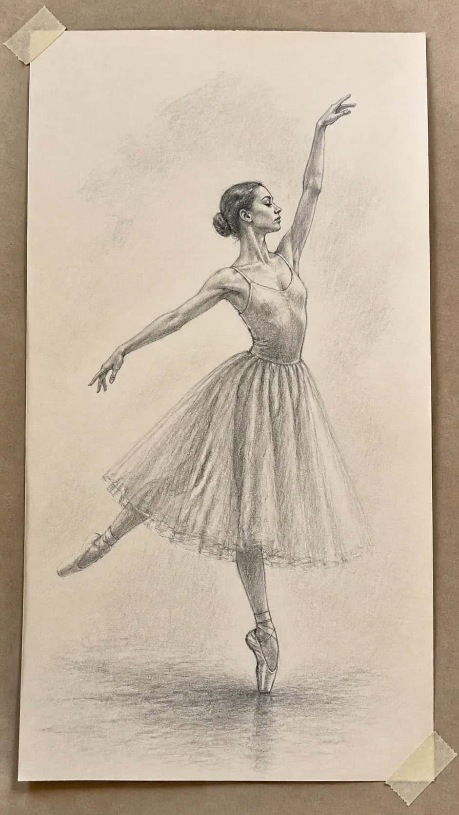 Hand-drawn elegant ballet stance in graphite drawing on textured paper, shown in a straight overhead view — study 2