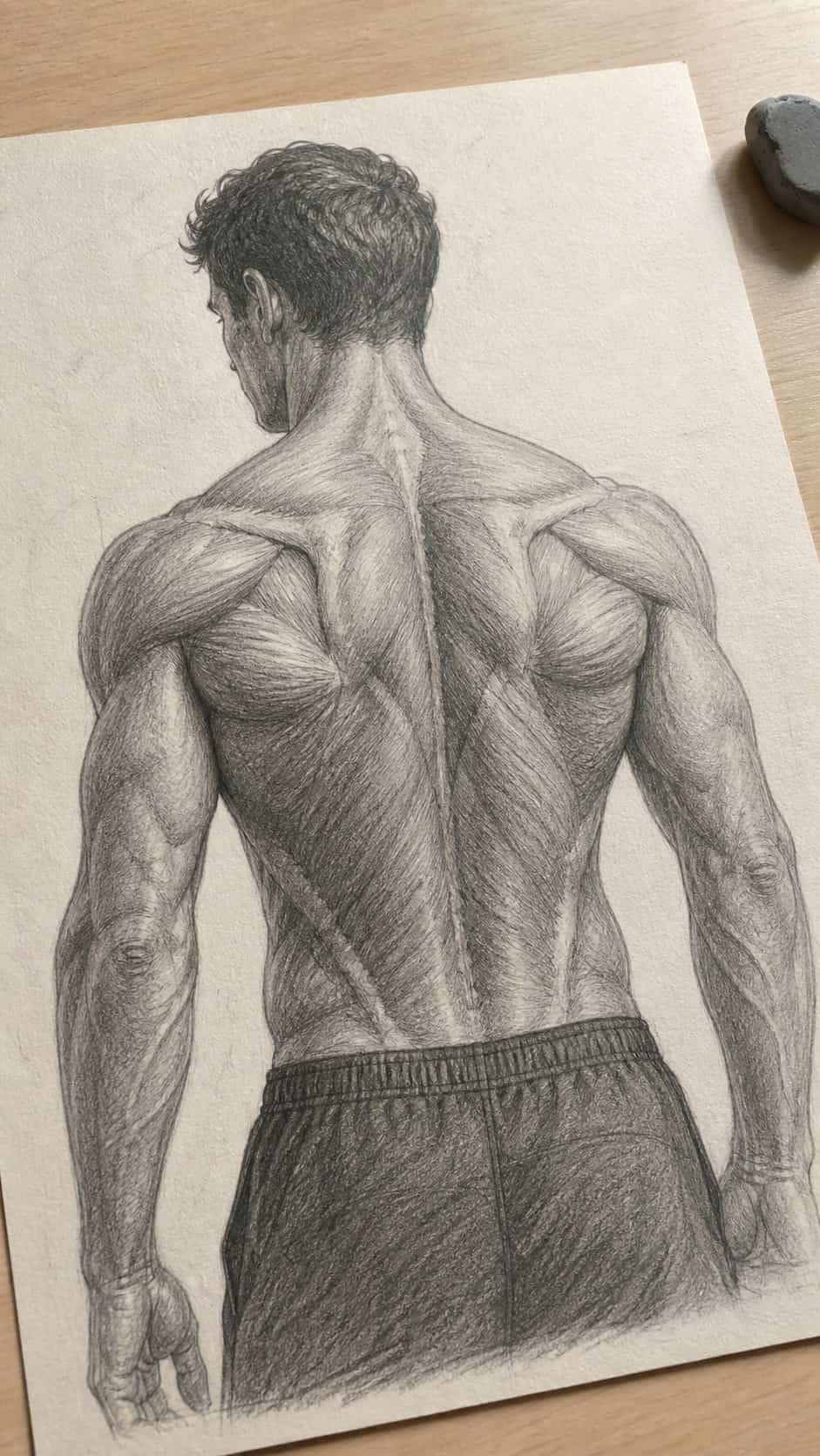 Hand-drawn intricate back muscles in graphite drawing on textured paper, shown in a gentle oblique desk view that shows paper tooth — study 2