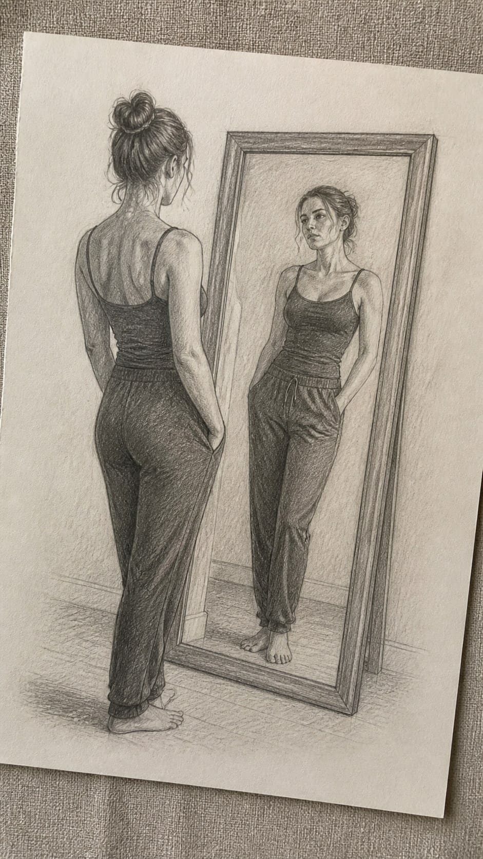 Hand-drawn reflective mirror pose in graphite drawing on textured paper, shown in a close overhead crop — study 1