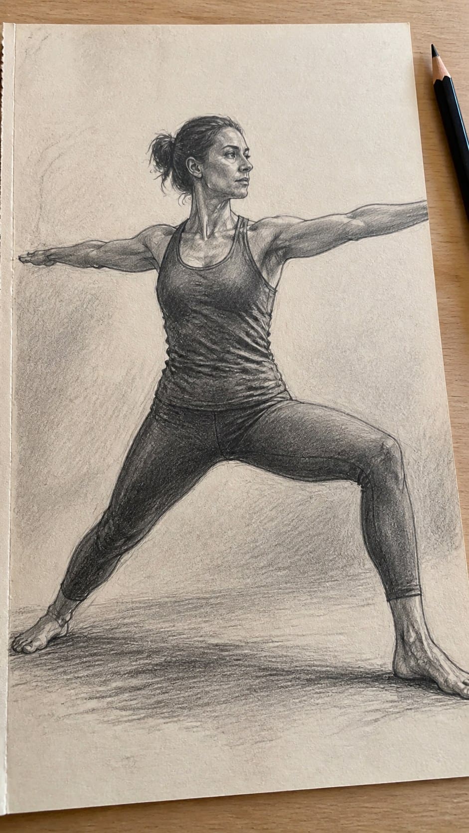 Hand-drawn powerful warrior pose in graphite drawing on textured paper, shown in a close overhead crop — study 1
