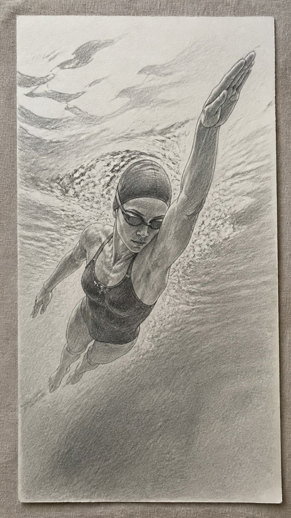 Hand-drawn graceful swimming motion in graphite drawing on textured paper, shown in a straight overhead view — study 2