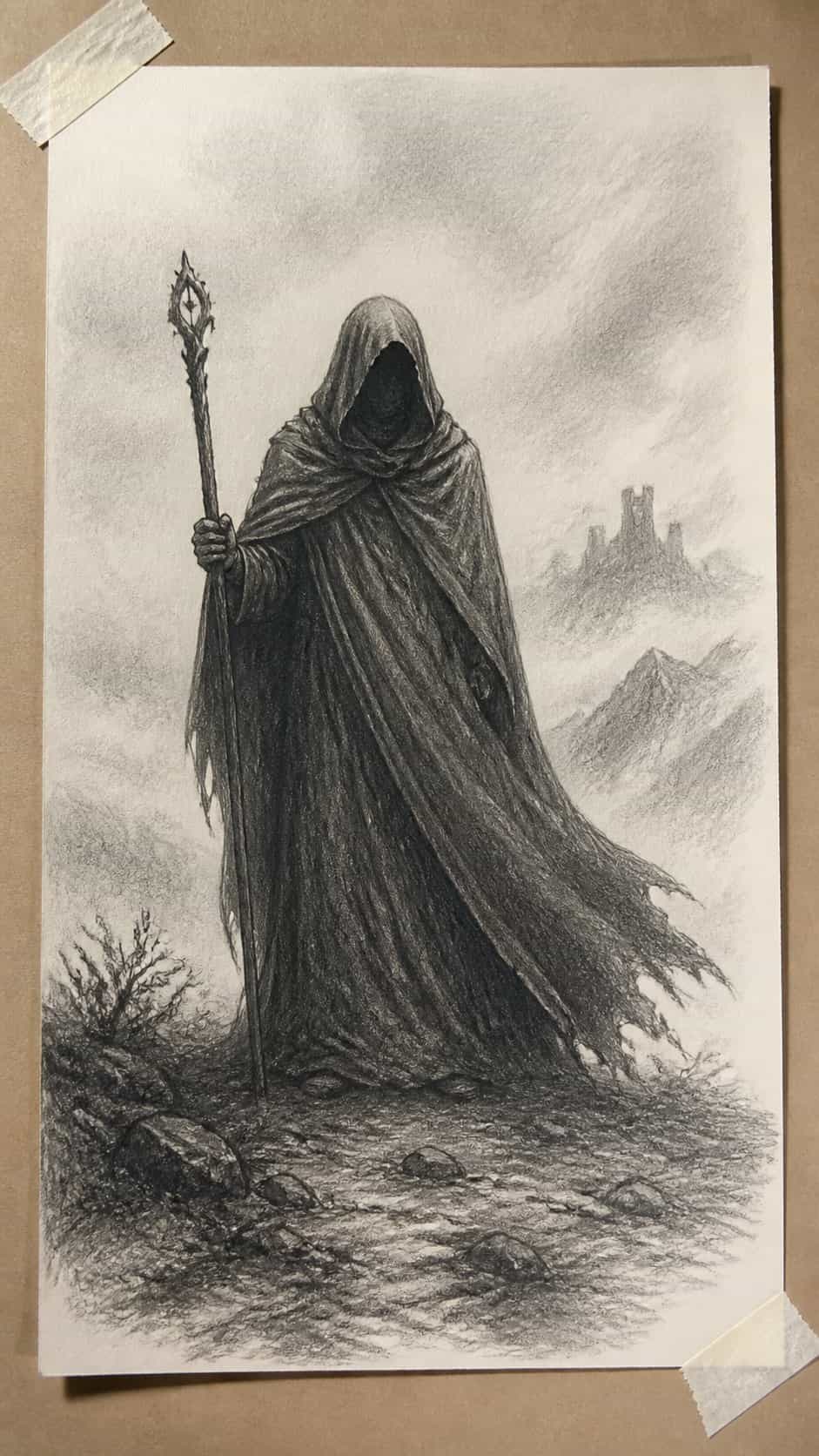 Hand-drawn mystical cloaked figure in graphite drawing on textured paper, shown in a straight overhead view — study 2