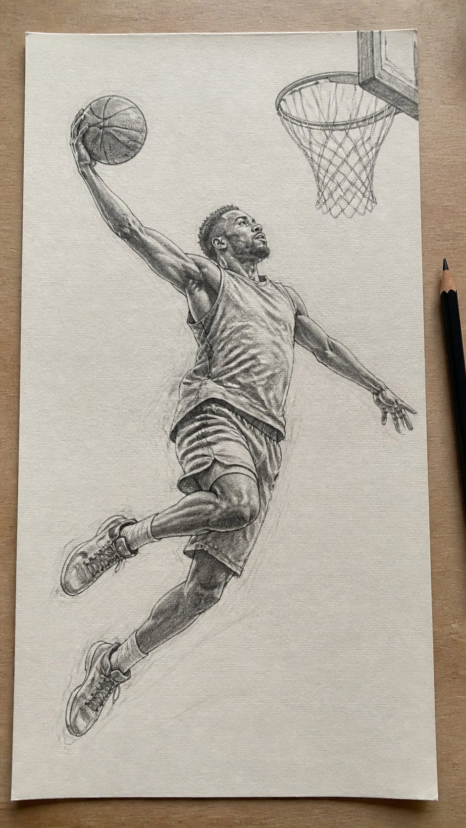 Hand-drawn dynamic sports pose in graphite drawing on textured paper, shown in a straight overhead view — study 2