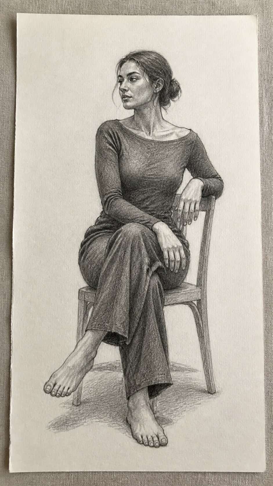 Hand-drawn elegant sitting pose in graphite drawing on textured paper, shown in a close overhead crop — study 2