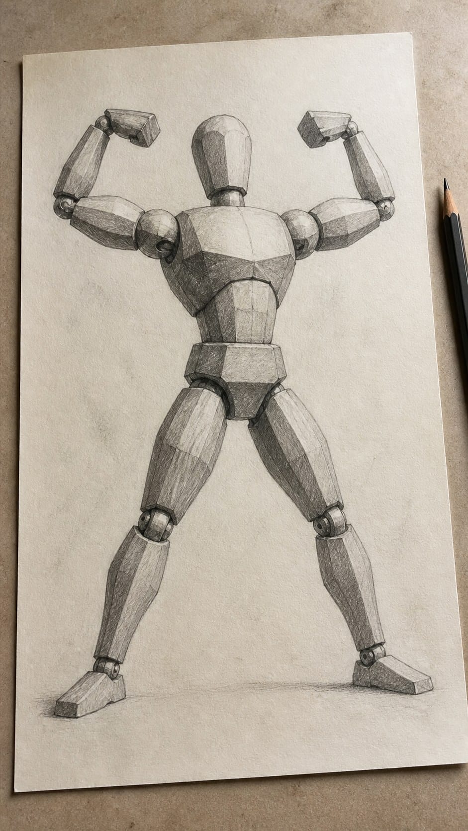 Hand-drawn powerful bodybuilder stance in graphite drawing on textured paper, shown in a straight overhead view — study 2