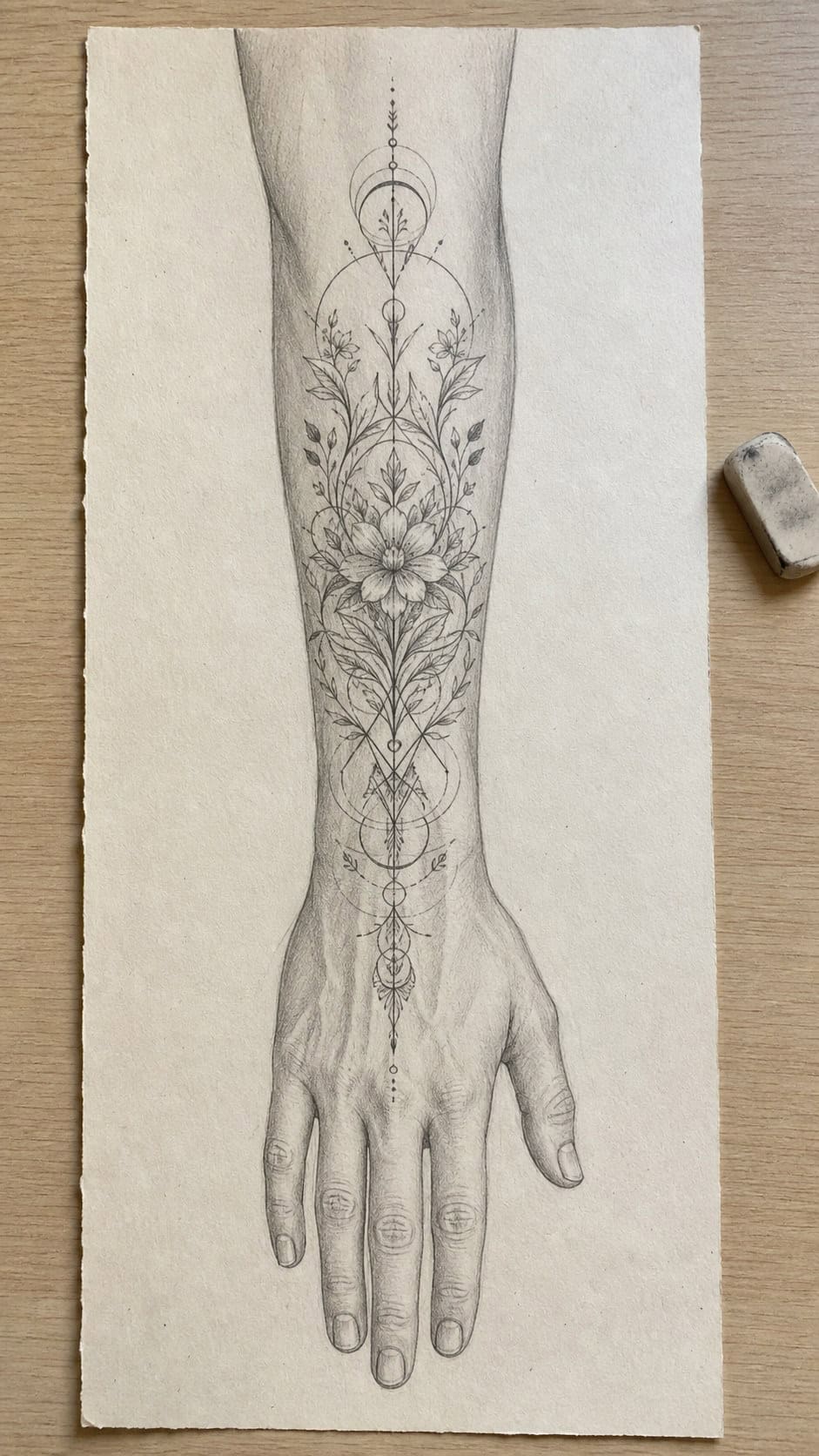 Hand-drawn intricate tattoo design in graphite drawing on textured paper, shown in a straight overhead view — study 2