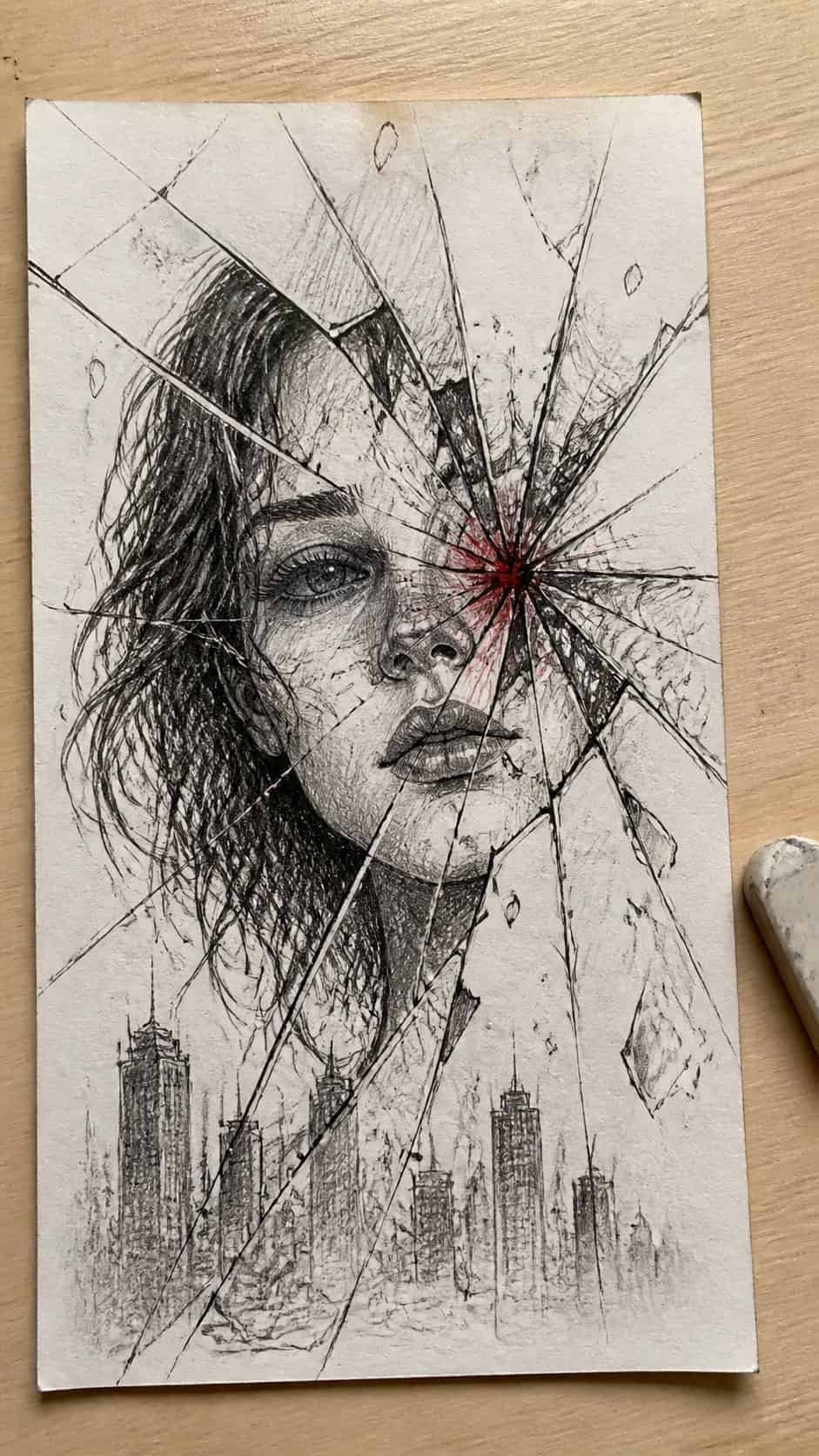 30 Grunge Drawing Ideas for Real Depth and Texture 2 Hand-drawn shattered glass in mixed-media hand drawing on textured paper, shown in a straight overhead view — study 1