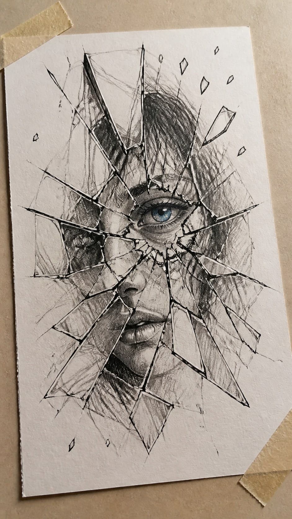 30 Grunge Drawing Ideas for Real Depth and Texture 3 Hand-drawn shattered glass in mixed-media hand drawing on textured paper, shown in a gentle oblique desk view that shows paper tooth — study 2