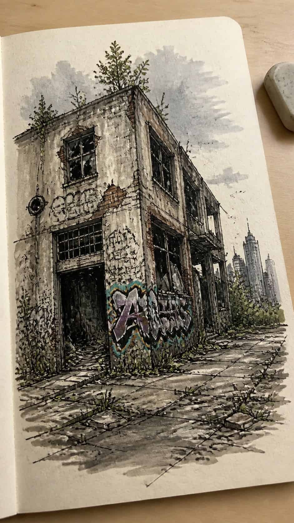 30 Grunge Drawing Ideas for Real Depth and Texture 5 Hand-drawn urban decay in marker drawing on textured paper, shown in a gentle oblique desk view that shows paper tooth and shallow — study 2