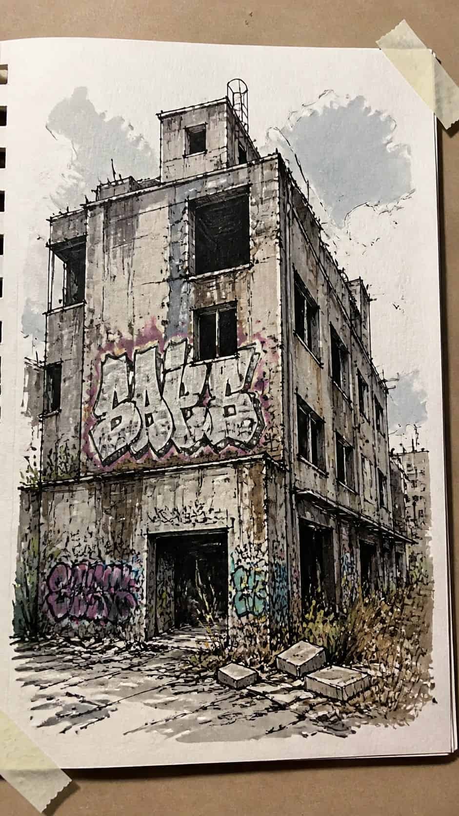 30 Grunge Drawing Ideas for Real Depth and Texture 6 Hand-drawn urban decay in marker drawing on textured paper, shown in a close overhead crop — study 3