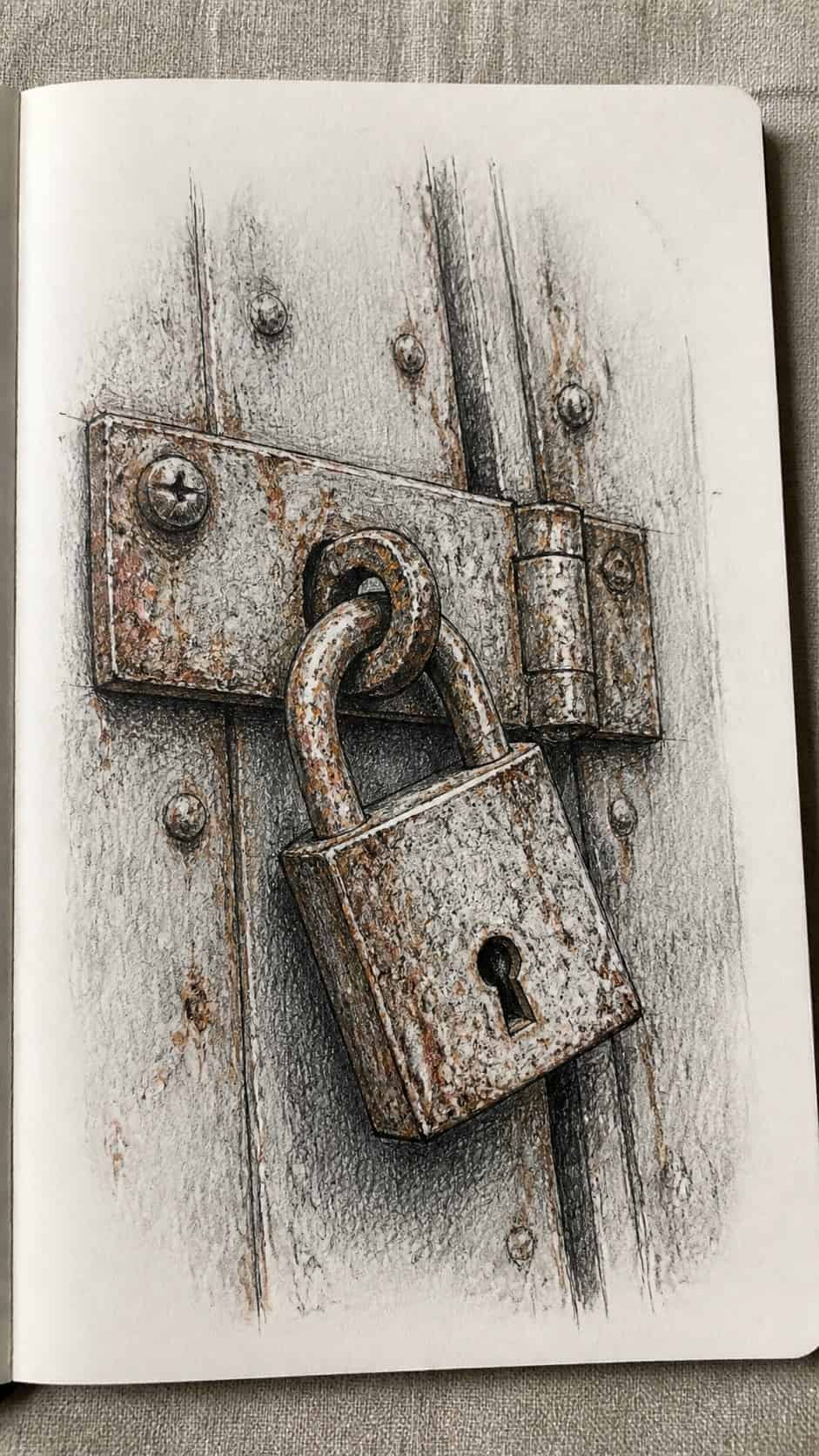 30 Grunge Drawing Ideas for Real Depth and Texture 7 Hand-drawn rusted metal in mixed-media hand drawing on textured paper, shown in a slightly off-center overhead composition, like an — study 1