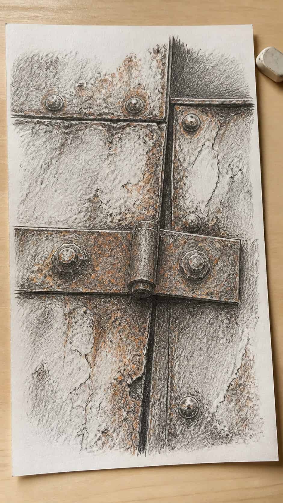 30 Grunge Drawing Ideas for Real Depth and Texture 8 Hand-drawn rusted metal in mixed-media hand drawing on textured paper, shown in a straight overhead view — study 2