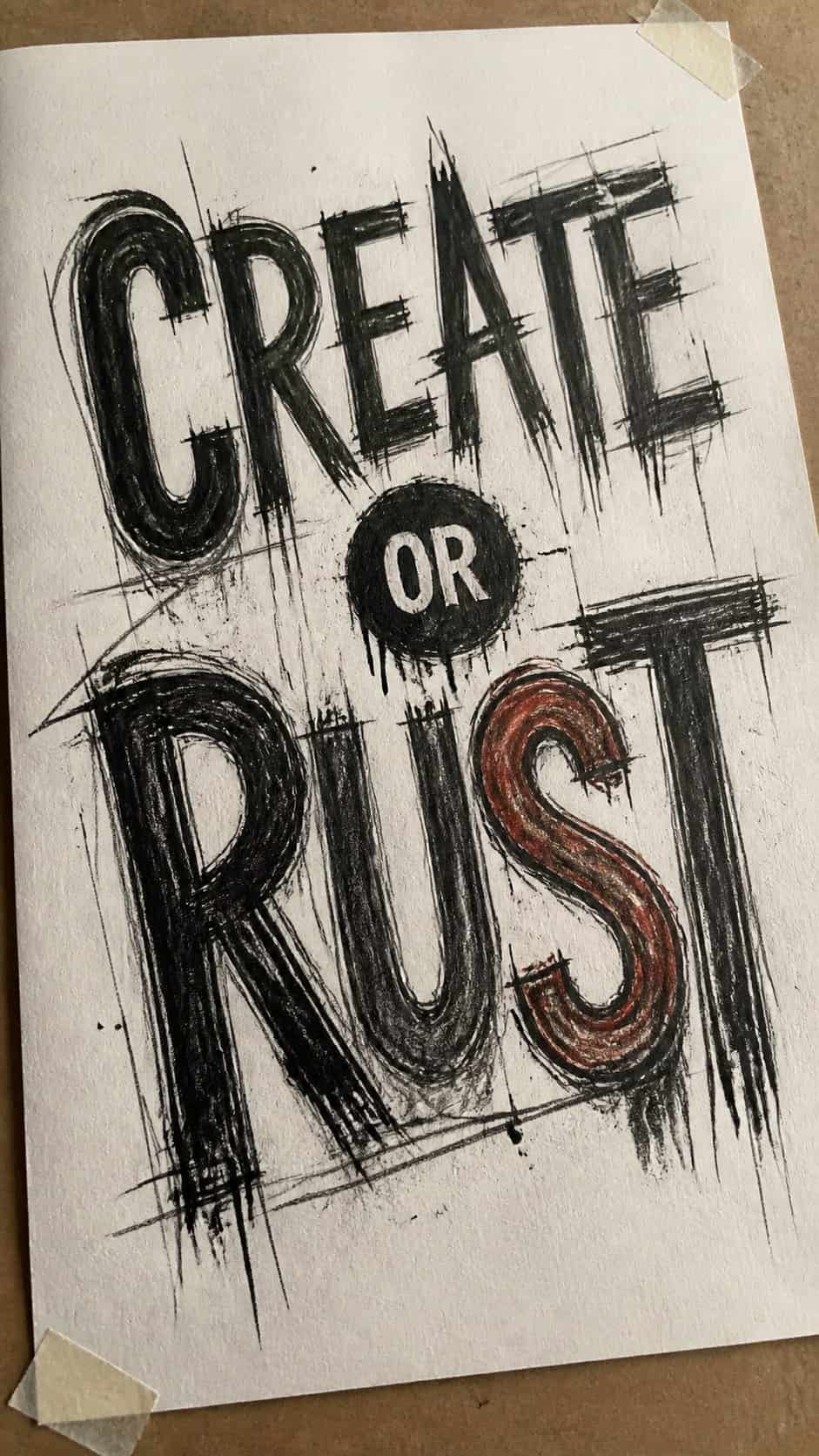 30 Grunge Drawing Ideas for Real Depth and Texture 9 Hand-drawn grunge typography in mixed-media hand drawing on textured paper, shown in a gentle oblique desk view that shows paper tooth — study 1