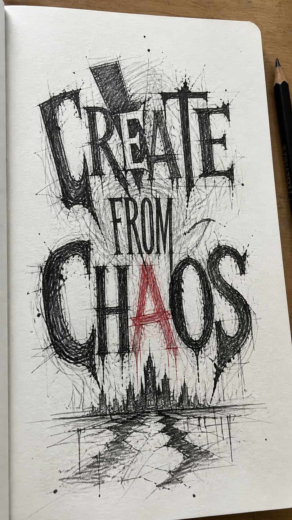30 Grunge Drawing Ideas for Real Depth and Texture 10 Hand-drawn grunge typography in mixed-media hand drawing on textured paper, shown in a close overhead crop — study 2