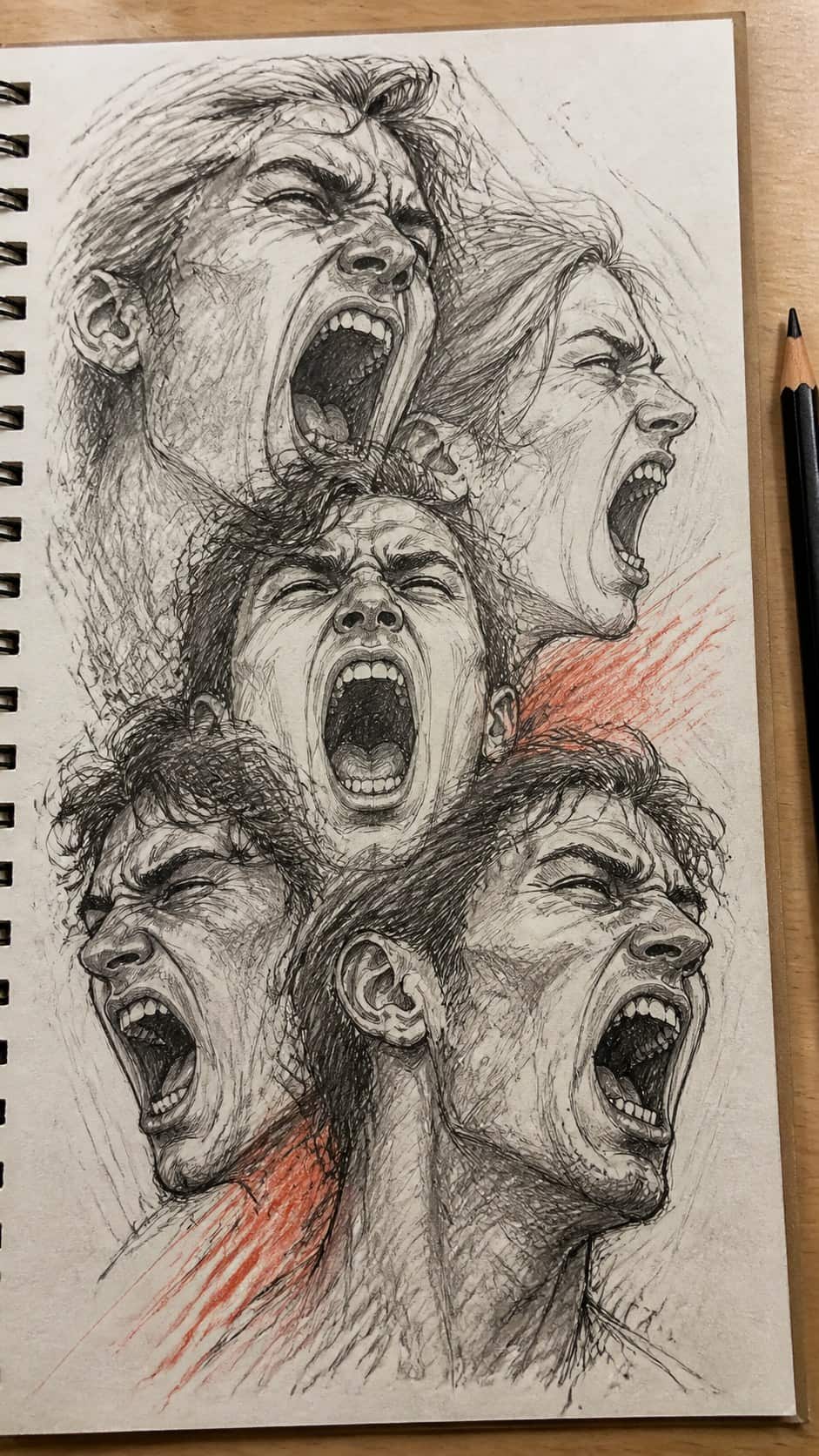 30 Grunge Drawing Ideas for Real Depth and Texture 11 Hand-drawn screaming faces in mixed-media hand drawing on textured paper, shown in a close overhead crop — study 1