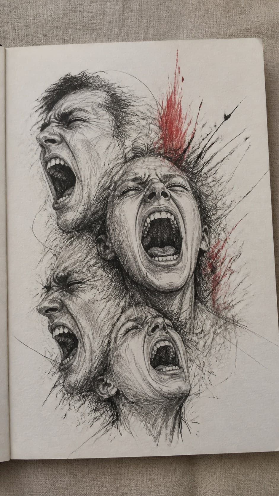 30 Grunge Drawing Ideas for Real Depth and Texture 12 Hand-drawn screaming faces in mixed-media hand drawing on textured paper, shown in a slightly off-center overhead composition, like an — study 2