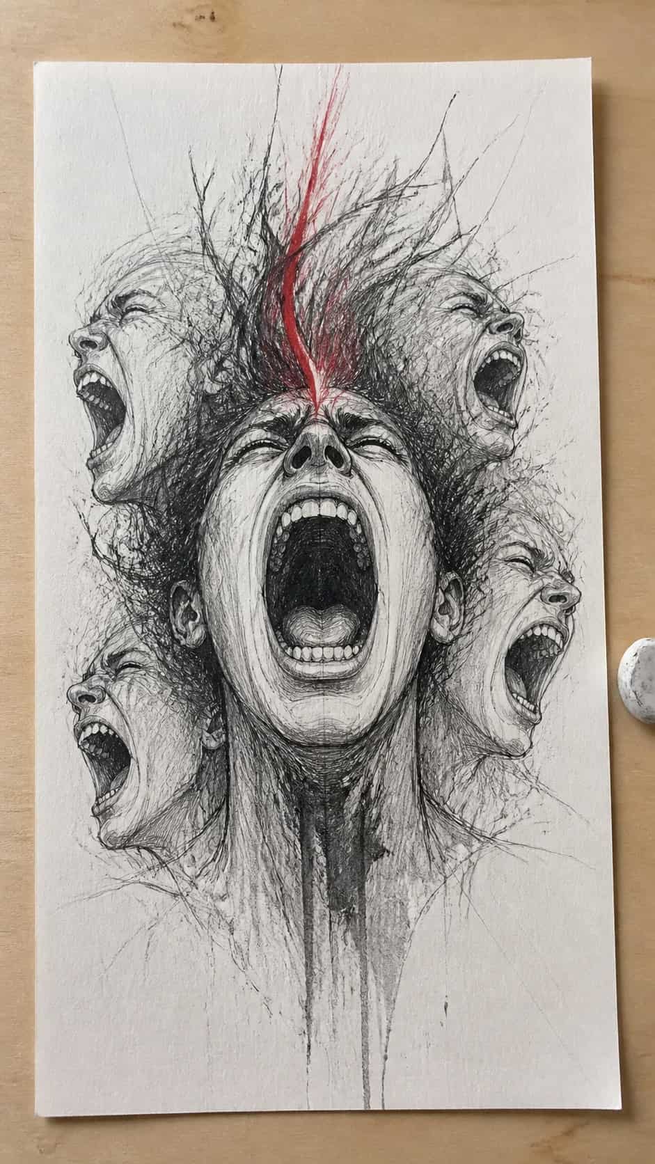 30 Grunge Drawing Ideas for Real Depth and Texture 13 Hand-drawn screaming faces in mixed-media hand drawing on textured paper, shown in a straight overhead view — study 3