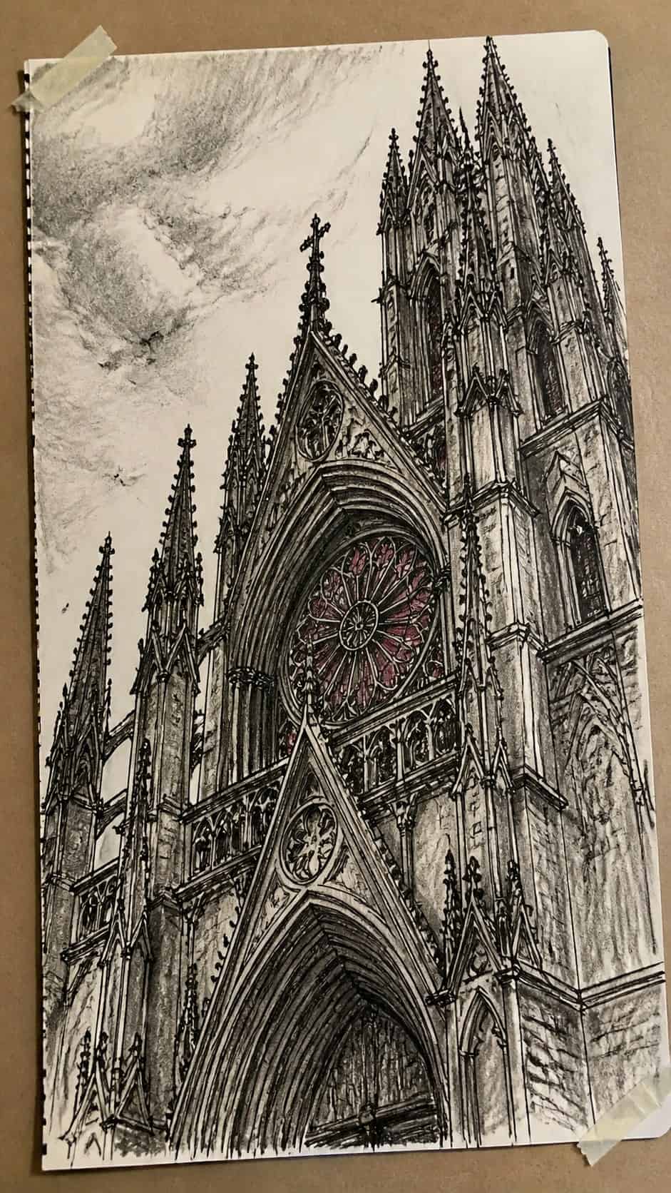 30 Grunge Drawing Ideas for Real Depth and Texture 17 Hand-drawn gothic architecture in mixed-media hand drawing on textured paper, shown in a close overhead crop — study 2