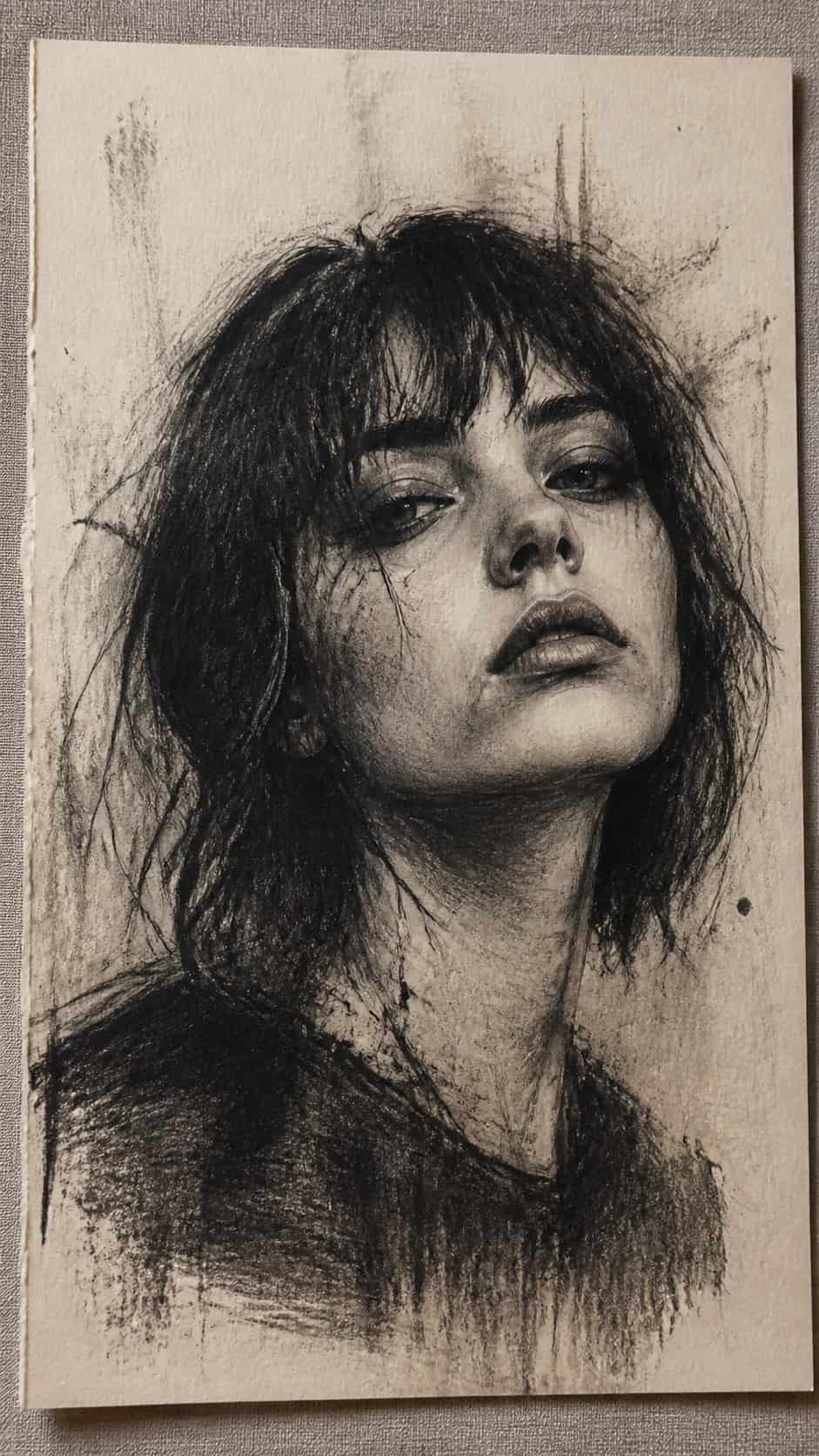 30 Grunge Drawing Ideas for Real Depth and Texture 19 Hand-drawn grunge portraits in graphite drawing on textured paper, shown in a close overhead crop — study 2