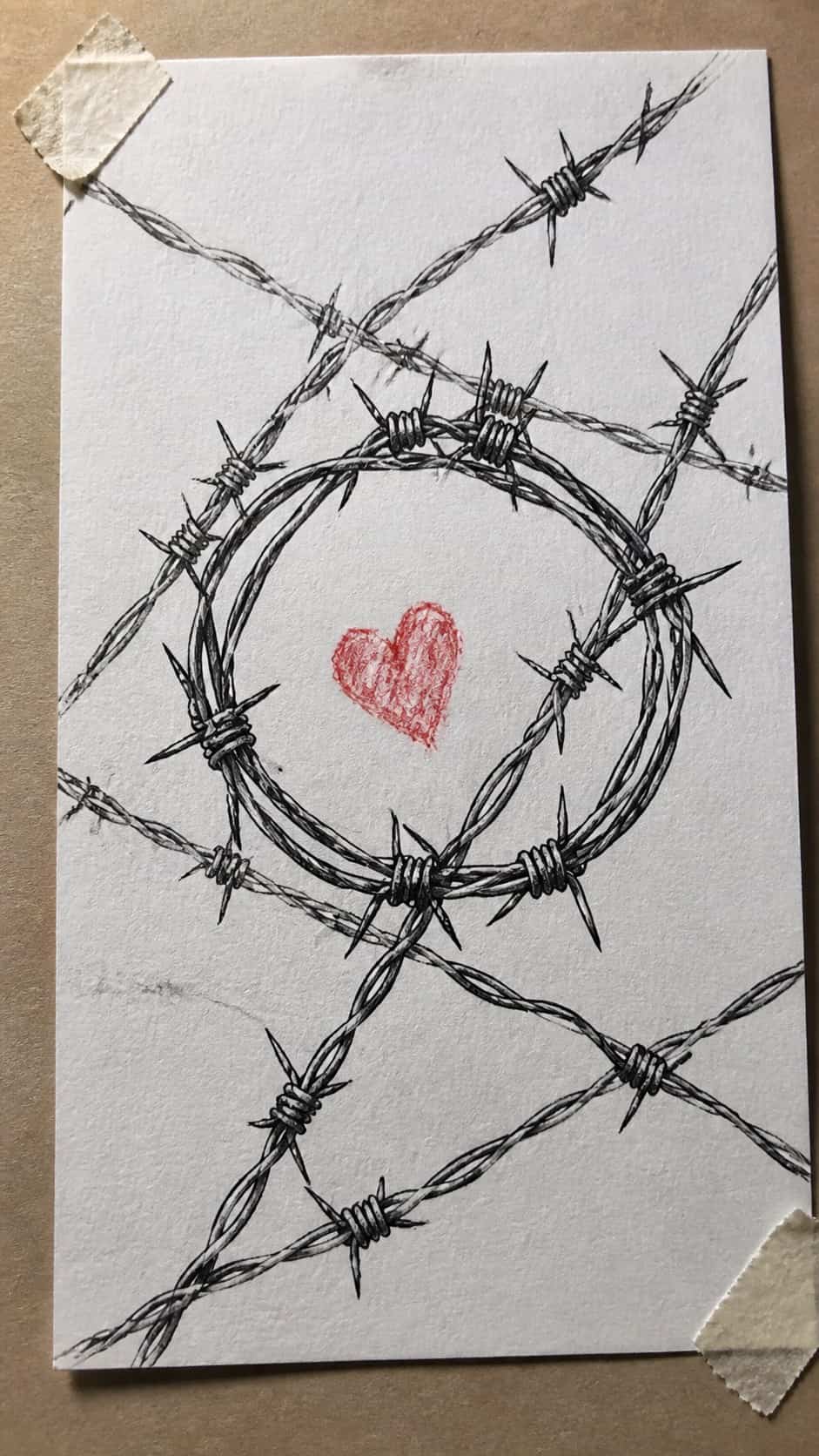 30 Grunge Drawing Ideas for Real Depth and Texture 20 Hand-drawn barbed wire in mixed-media hand drawing on textured paper, shown in a gentle oblique desk view that shows paper tooth and — study 1