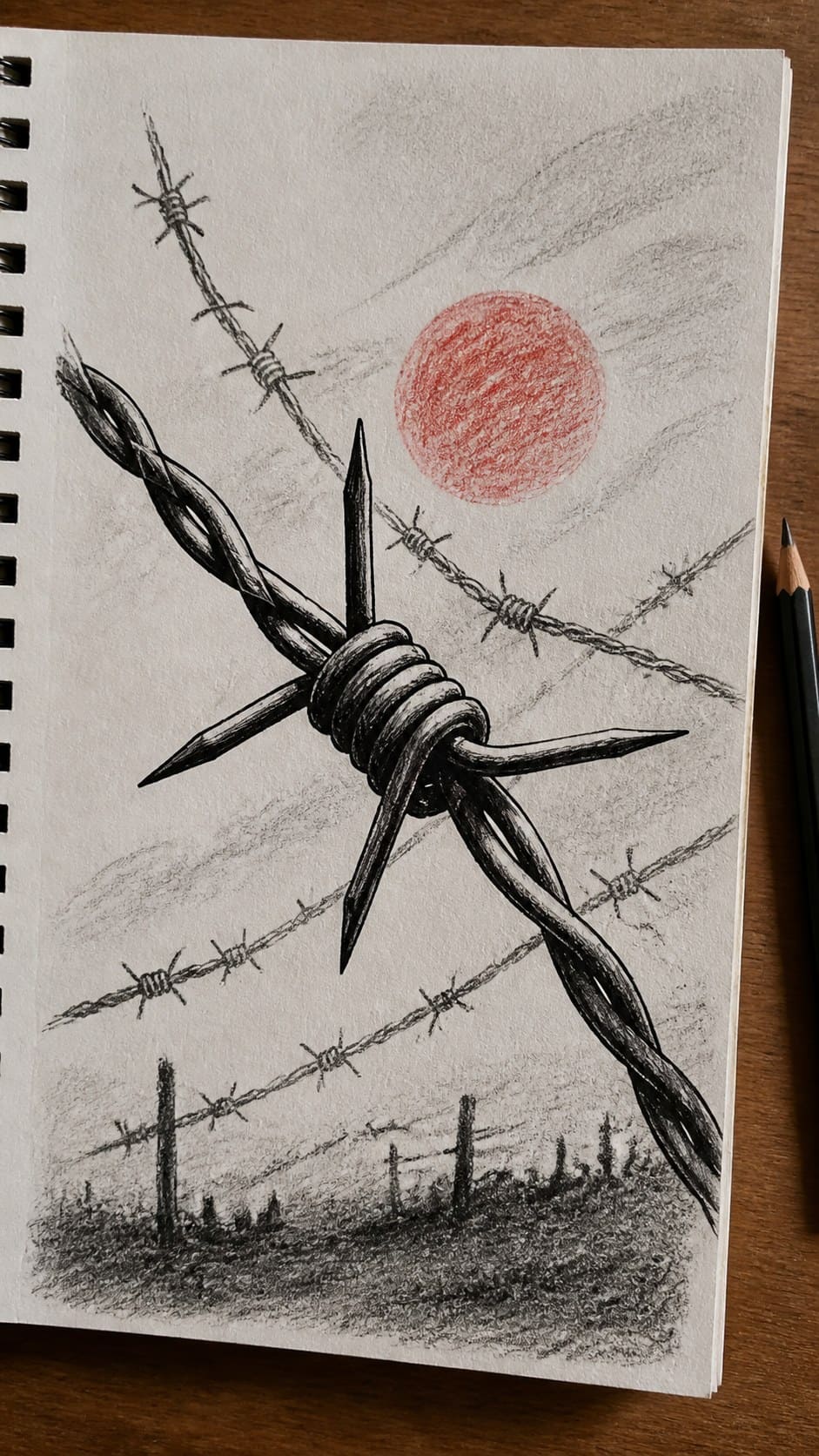 30 Grunge Drawing Ideas for Real Depth and Texture 21 Hand-drawn barbed wire in mixed-media hand drawing on textured paper, shown in a close overhead crop — study 2