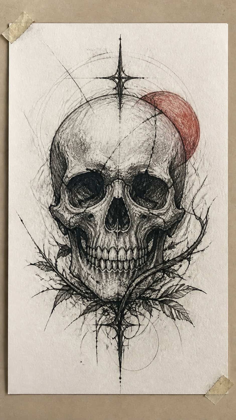 30 Grunge Drawing Ideas for Real Depth and Texture 23 Hand-drawn textured skulls in mixed-media hand drawing on textured paper, shown in a straight overhead view — study 2