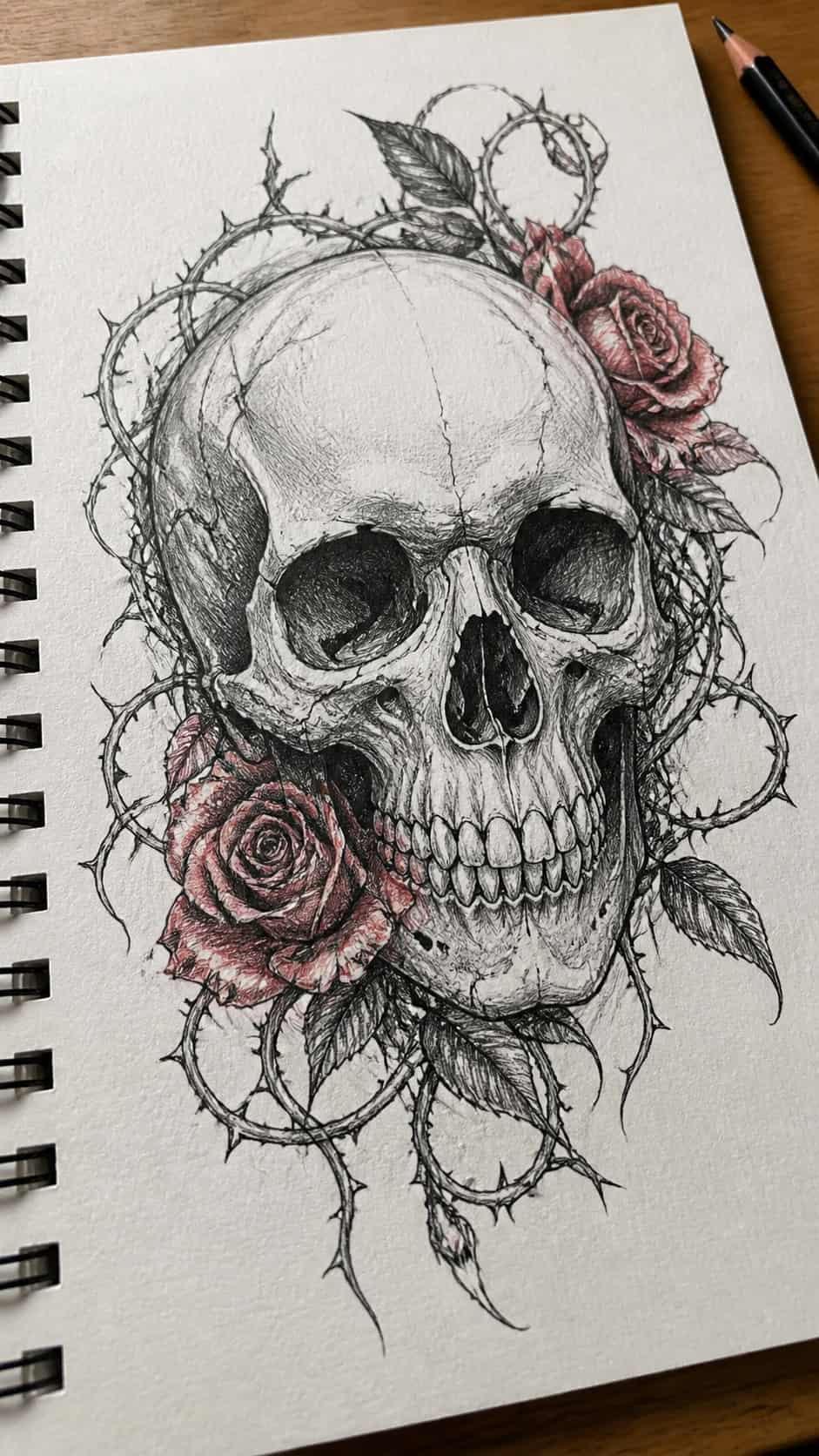 30 Grunge Drawing Ideas for Real Depth and Texture 24 Hand-drawn textured skulls in mixed-media hand drawing on textured paper, shown in a gentle oblique desk view that shows paper tooth — study 3