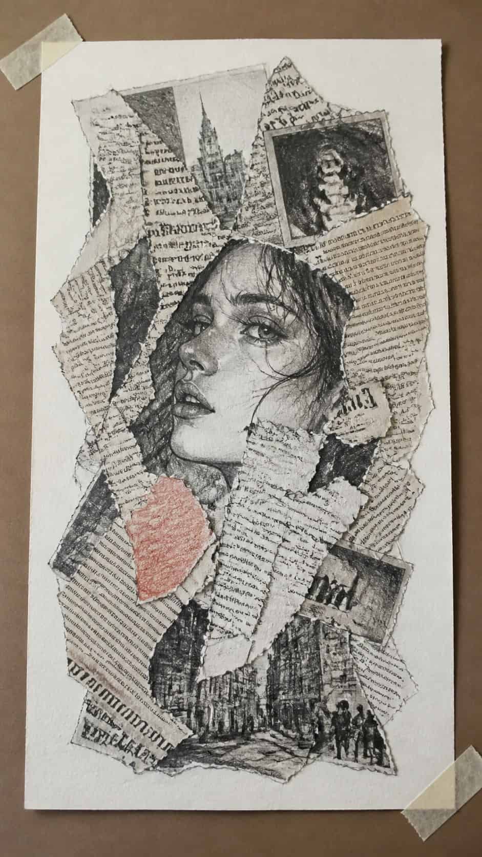 30 Grunge Drawing Ideas for Real Depth and Texture 25 Hand-drawn collaged newspaper in mixed-media hand drawing on textured paper, shown in a straight overhead view — study 1