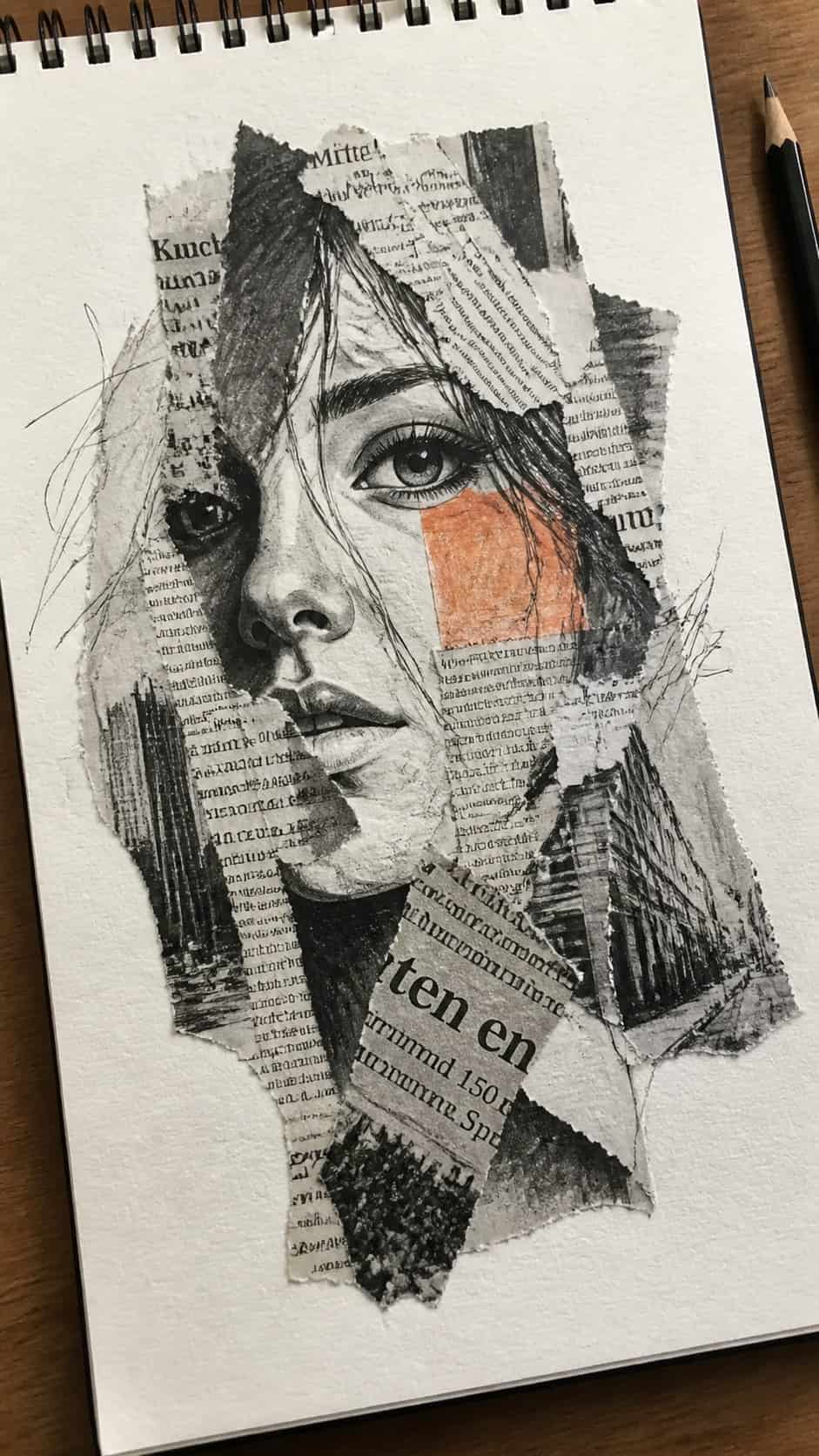30 Grunge Drawing Ideas for Real Depth and Texture 26 Hand-drawn collaged newspaper in mixed-media hand drawing on textured paper, shown in a gentle oblique desk view that shows paper — study 2