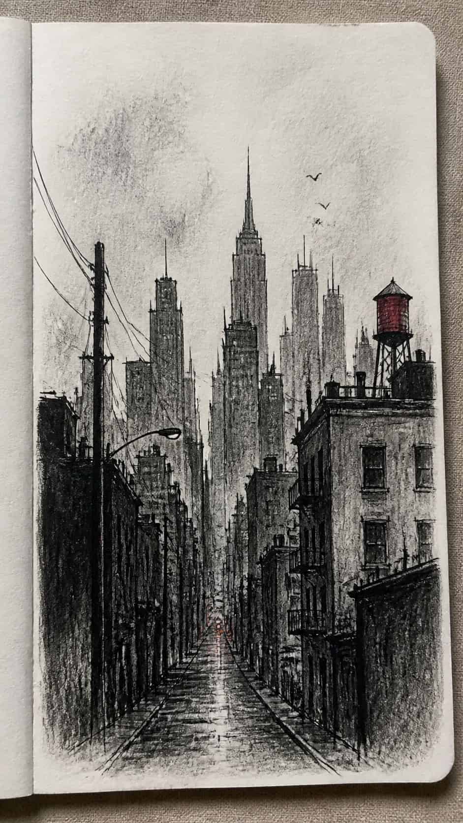 30 Grunge Drawing Ideas for Real Depth and Texture 30 Hand-drawn grunge cityscape in mixed-media hand drawing on textured paper, shown in a close overhead crop — study 2