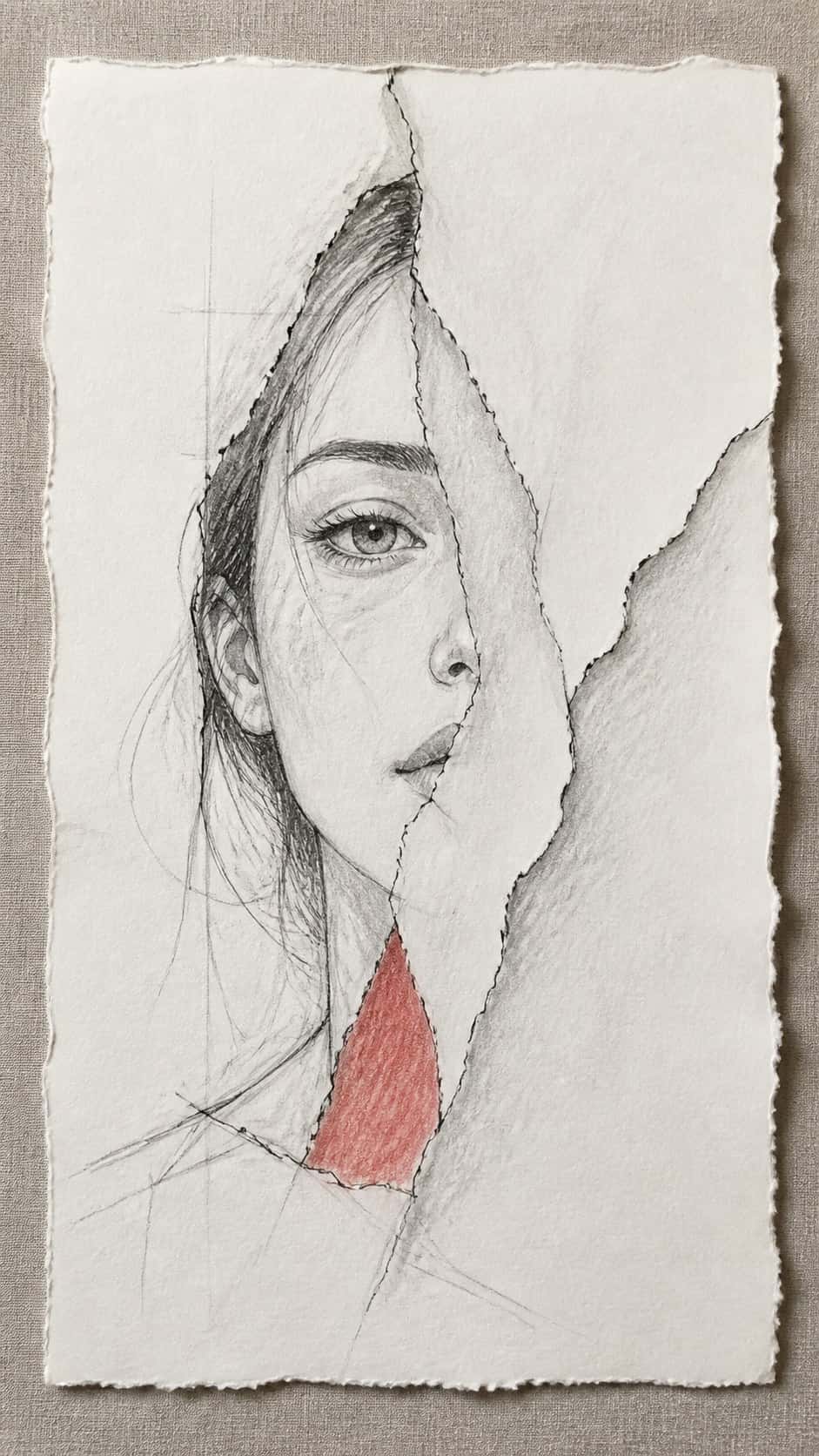 30 Grunge Drawing Ideas for Real Depth and Texture 31 Hand-drawn torn paper in mixed-media hand drawing on textured paper, shown in a straight overhead view — study 1