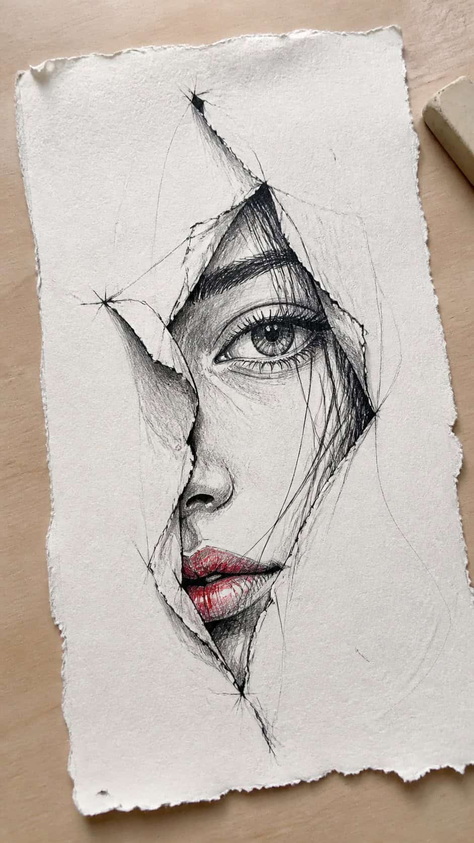 30 Grunge Drawing Ideas for Real Depth and Texture 32 Hand-drawn torn paper in mixed-media hand drawing on textured paper, shown in a gentle oblique desk view that shows paper tooth and — study 2