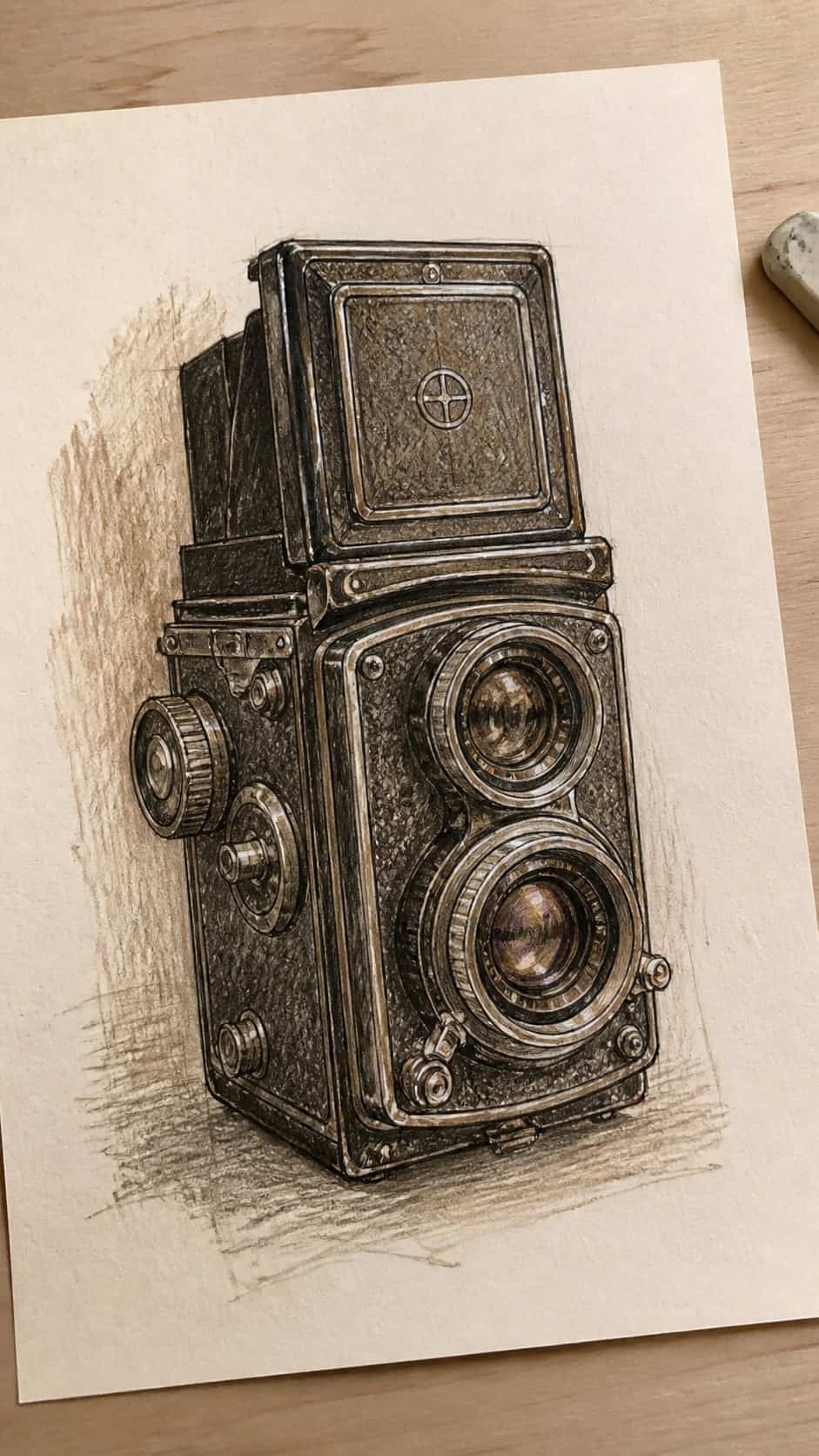 30 Grunge Drawing Ideas for Real Depth and Texture 33 Hand-drawn vintage cameras in sepia ink drawing on textured paper, shown in a gentle oblique desk view that shows paper tooth and — study 1