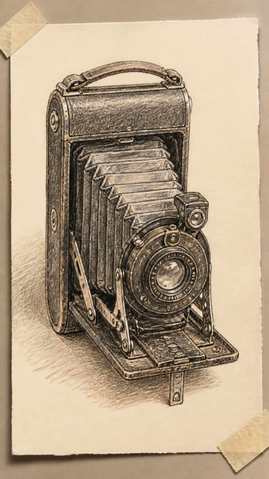 30 Grunge Drawing Ideas for Real Depth and Texture 34 Hand-drawn vintage cameras in sepia ink drawing on textured paper, shown in a close overhead crop — study 2