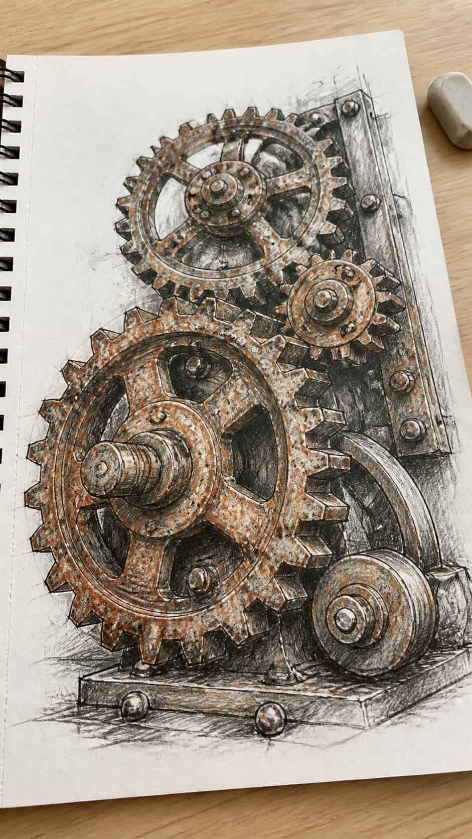 30 Grunge Drawing Ideas for Real Depth and Texture 35 Hand-drawn rusty gears in mixed-media hand drawing on textured paper, shown in a gentle oblique desk view that shows paper tooth and — study 1