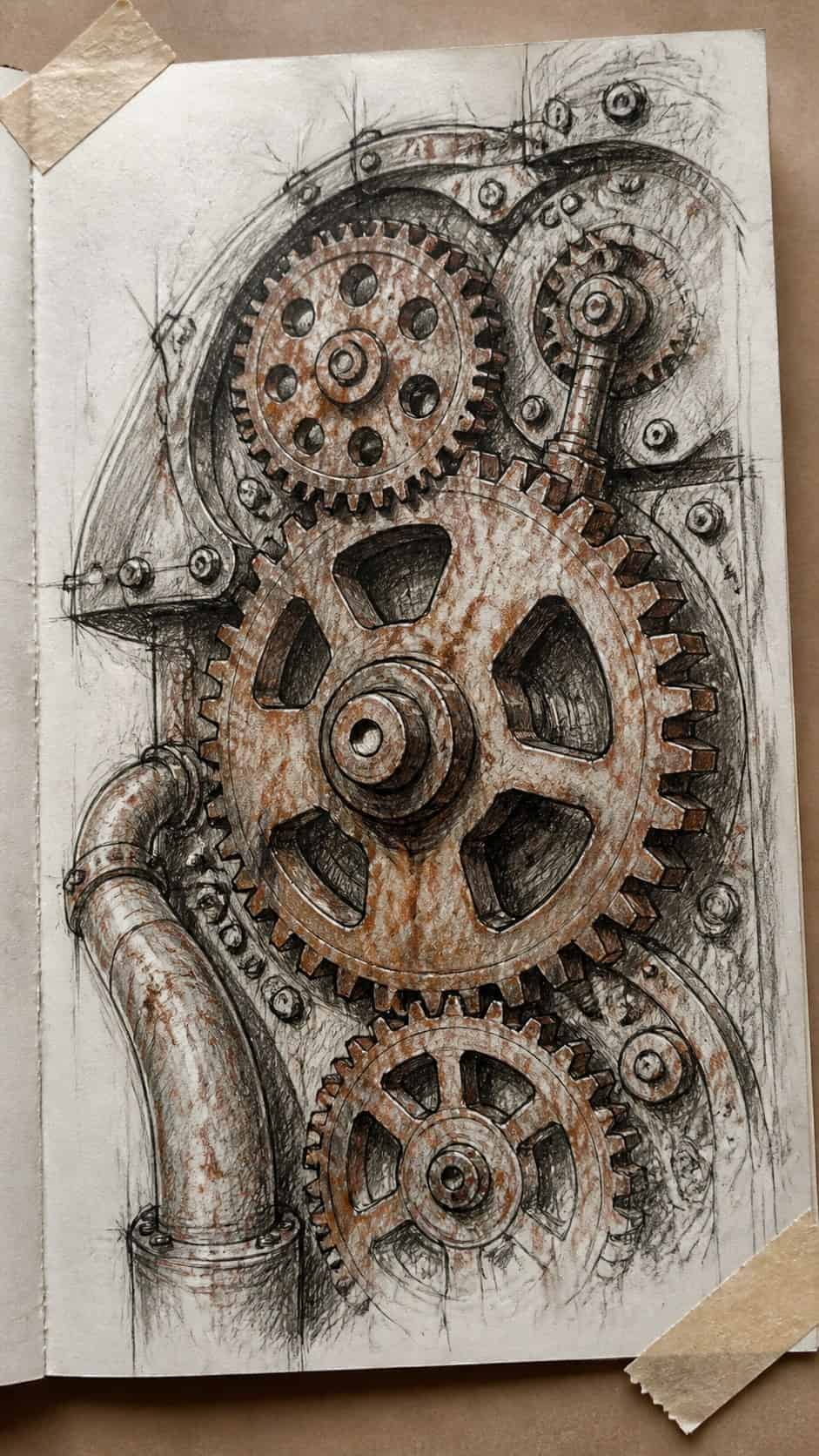 30 Grunge Drawing Ideas for Real Depth and Texture 36 Hand-drawn rusty gears in mixed-media hand drawing on textured paper, shown in a close overhead crop — study 2