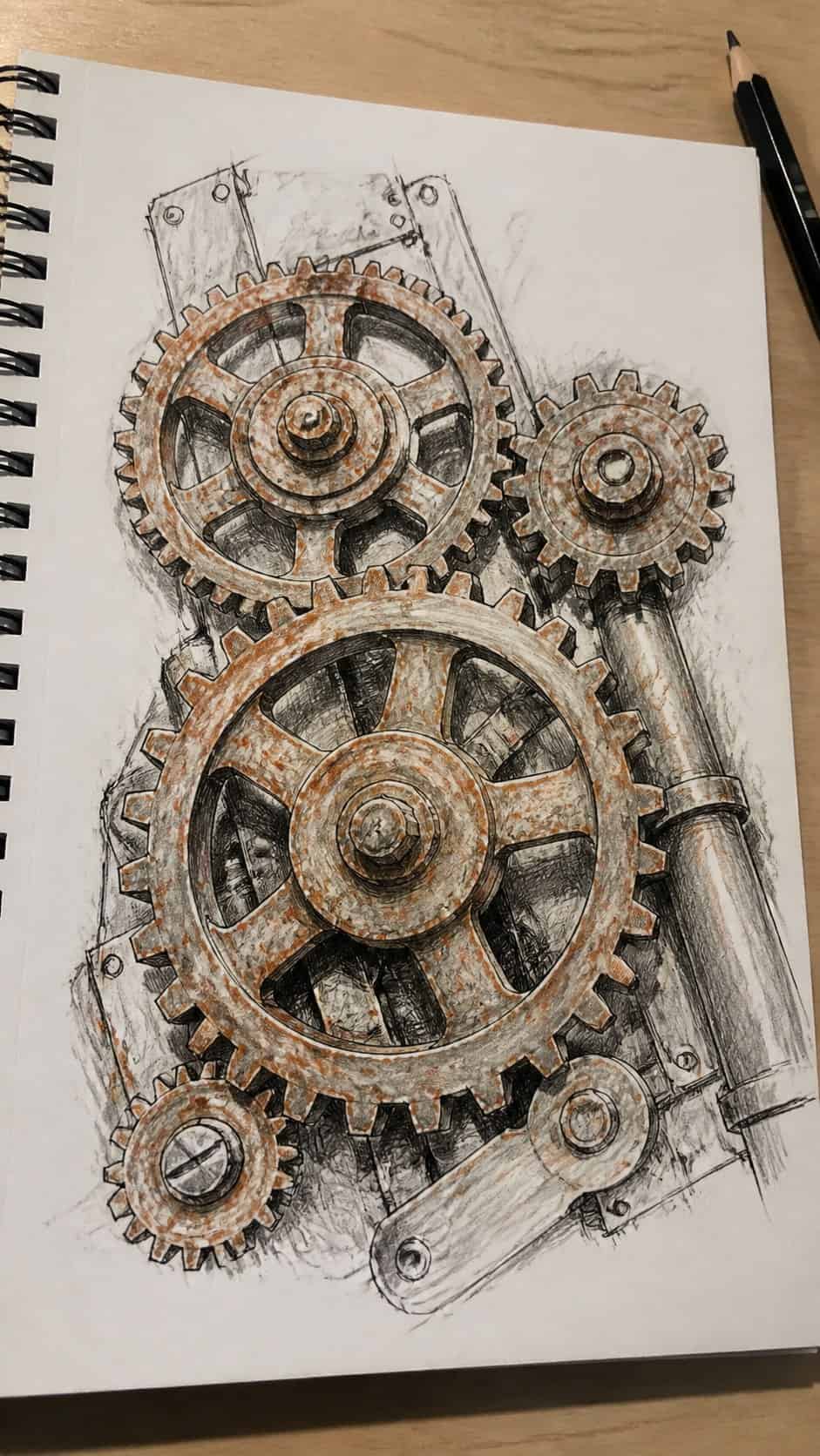 30 Grunge Drawing Ideas for Real Depth and Texture 37 Hand-drawn rusty gears in mixed-media hand drawing on textured paper, shown in a slightly off-center overhead composition, like an — study 3